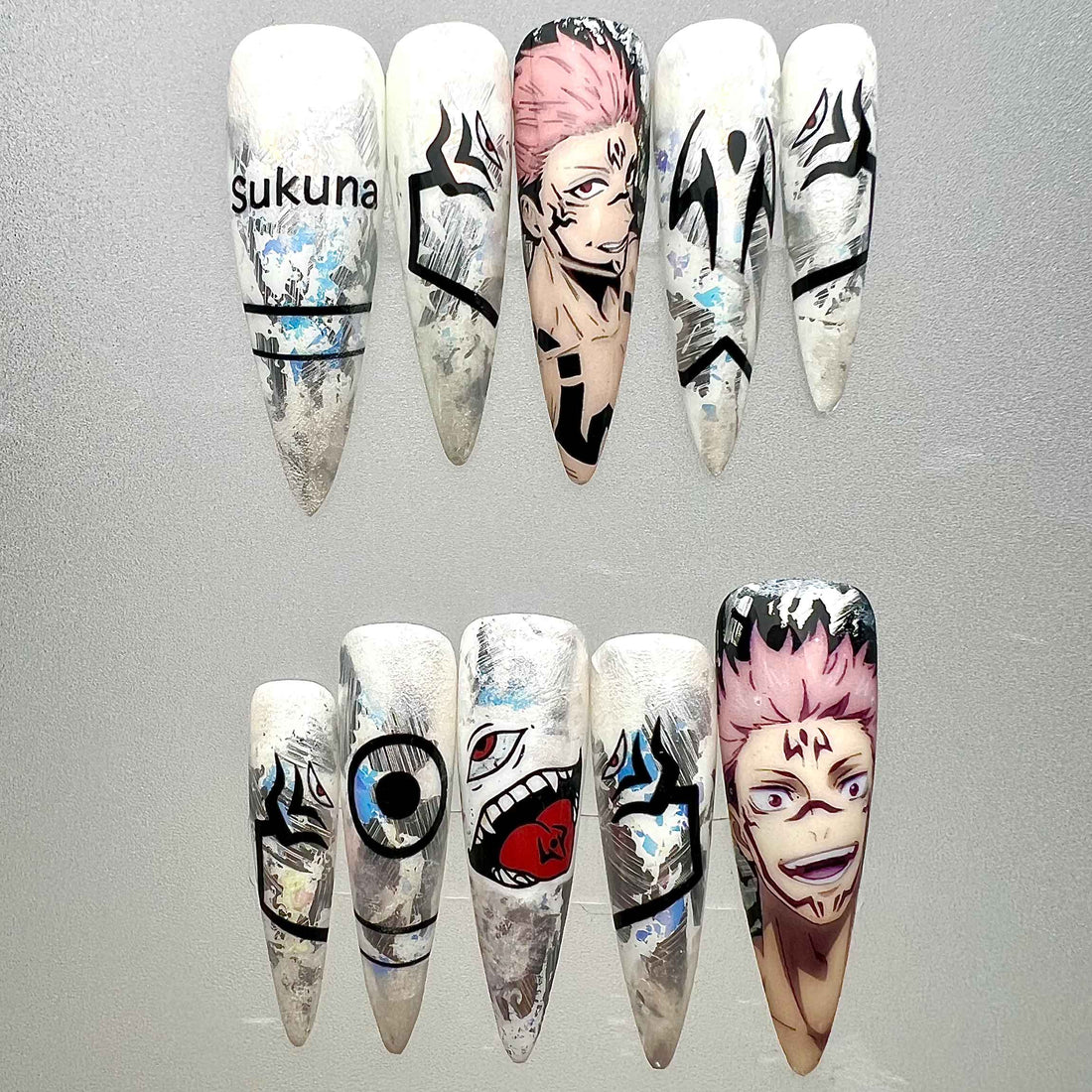 Ryomen Sukuna Nails – Jujutsu Kaisen JJK Press-On Set, Grunge White &amp; Black Cursed Anime Design | Dragonnail