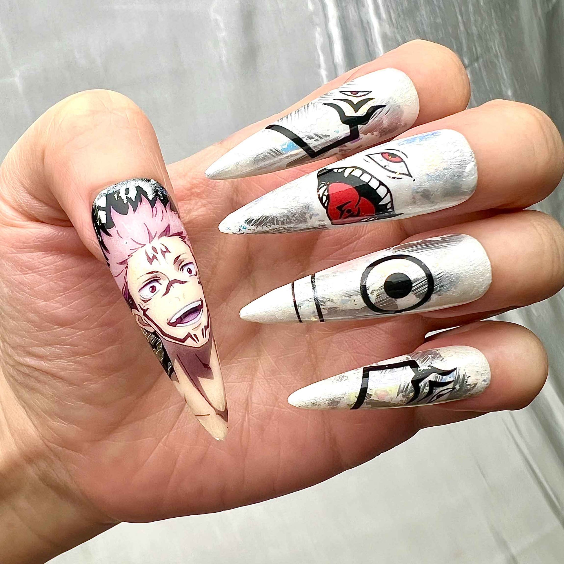 Ryomen Sukuna Nails – Jujutsu Kaisen JJK Press-On Set, Grunge White &amp; Black Cursed Anime Design | Dragonnail