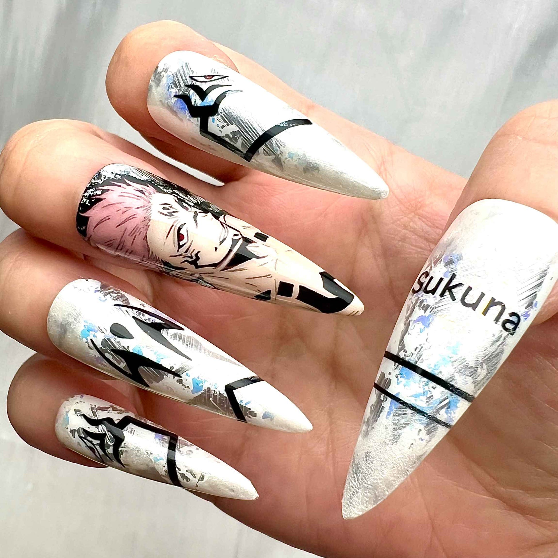 Ryomen Sukuna Nails – Jujutsu Kaisen JJK Press-On Set, Grunge White &amp; Black Cursed Anime Design | Dragonnail
