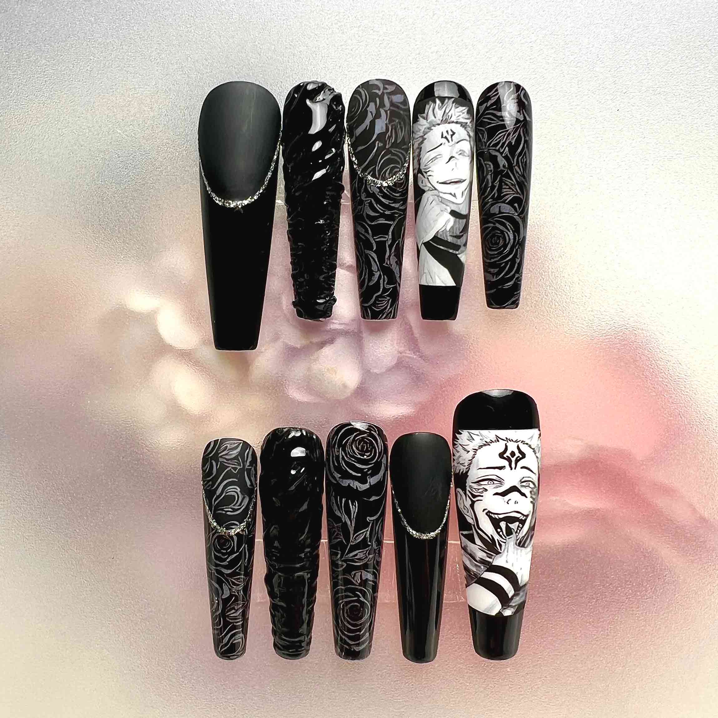 Sukuna Nails – Jujutsu Kaisen Black Gothic Press-On Nail Set, Cursed King Anime Design | Dragonnail