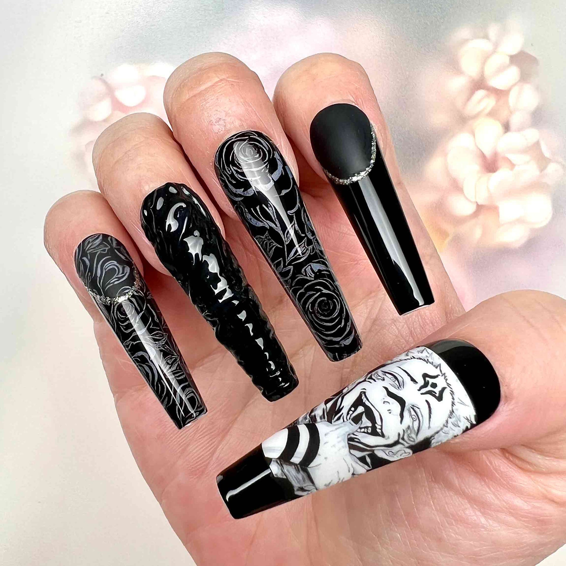 Sukuna Nails – Jujutsu Kaisen Black Gothic Press-On Nail Set, Cursed King Anime Design | Dragonnail