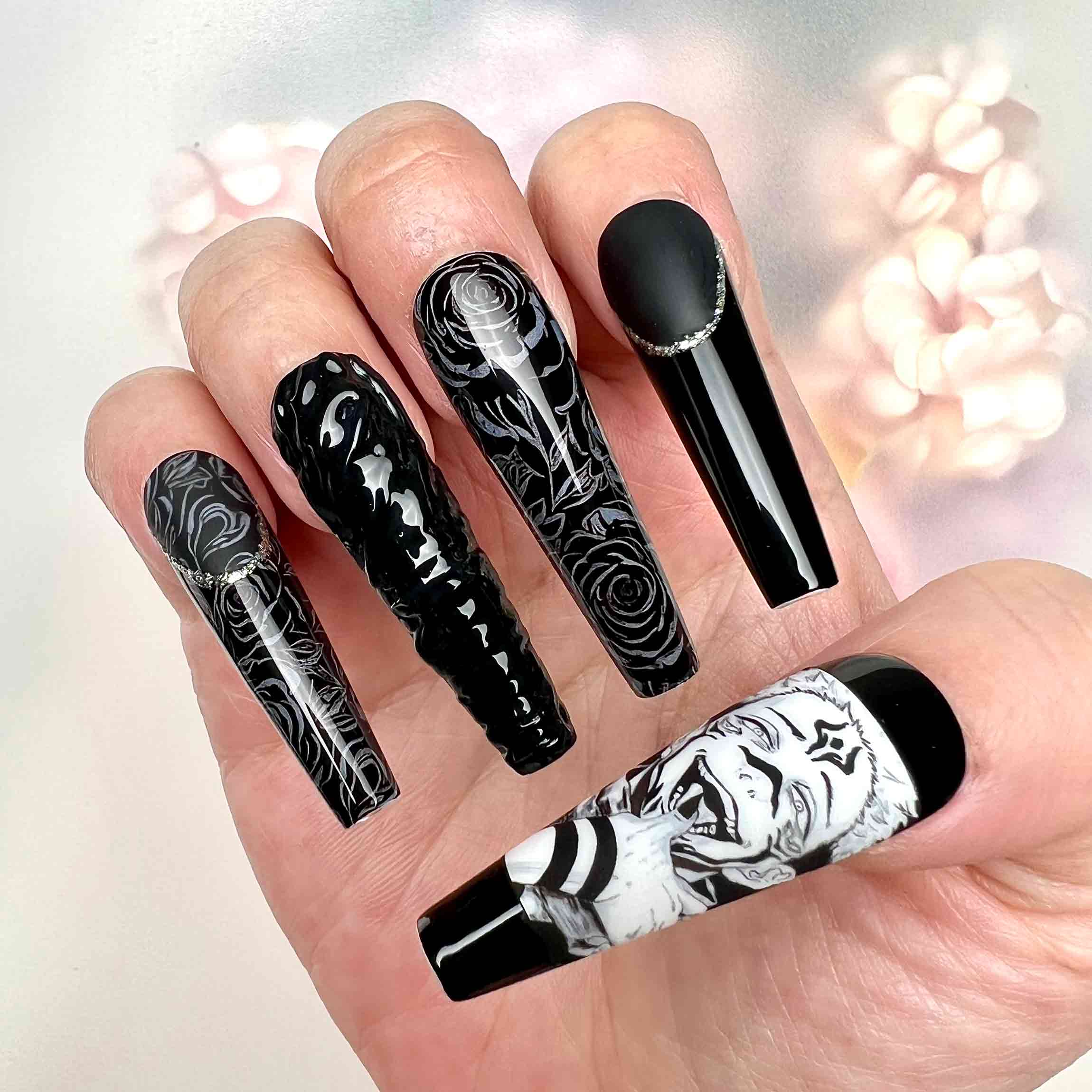 Sukuna Nails – Jujutsu Kaisen Black Gothic Press-On Nail Set, Cursed King Anime Design | Dragonnail