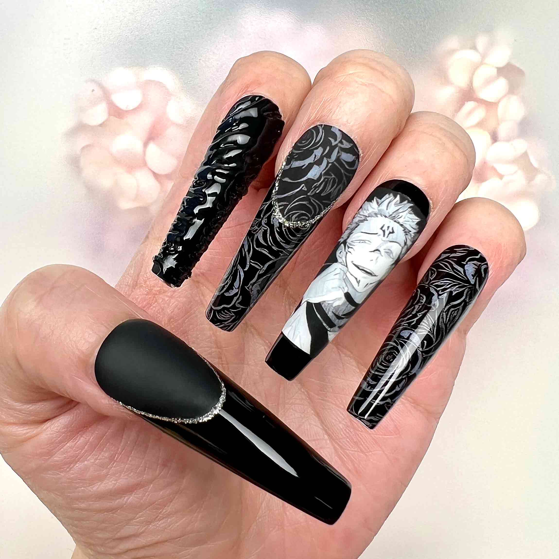 Sukuna Nails – Jujutsu Kaisen Black Gothic Press-On Nail Set, Cursed King Anime Design | Dragonnail