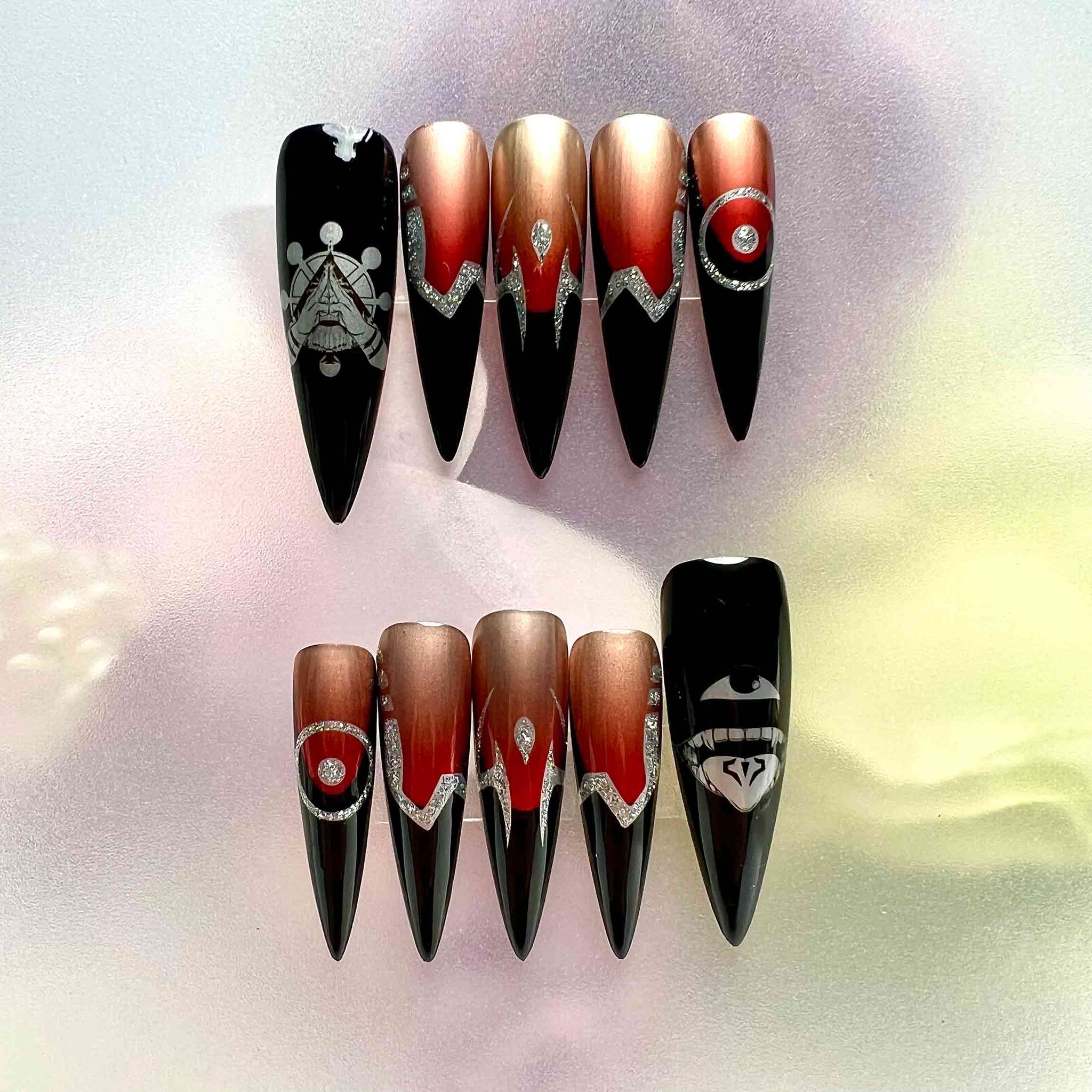 Sukuna's Domain Nails – Jujutsu Kaisen JJK Press-On Set, Malevolent Shrine Red &amp; Black Chrome Design | Dragonnail