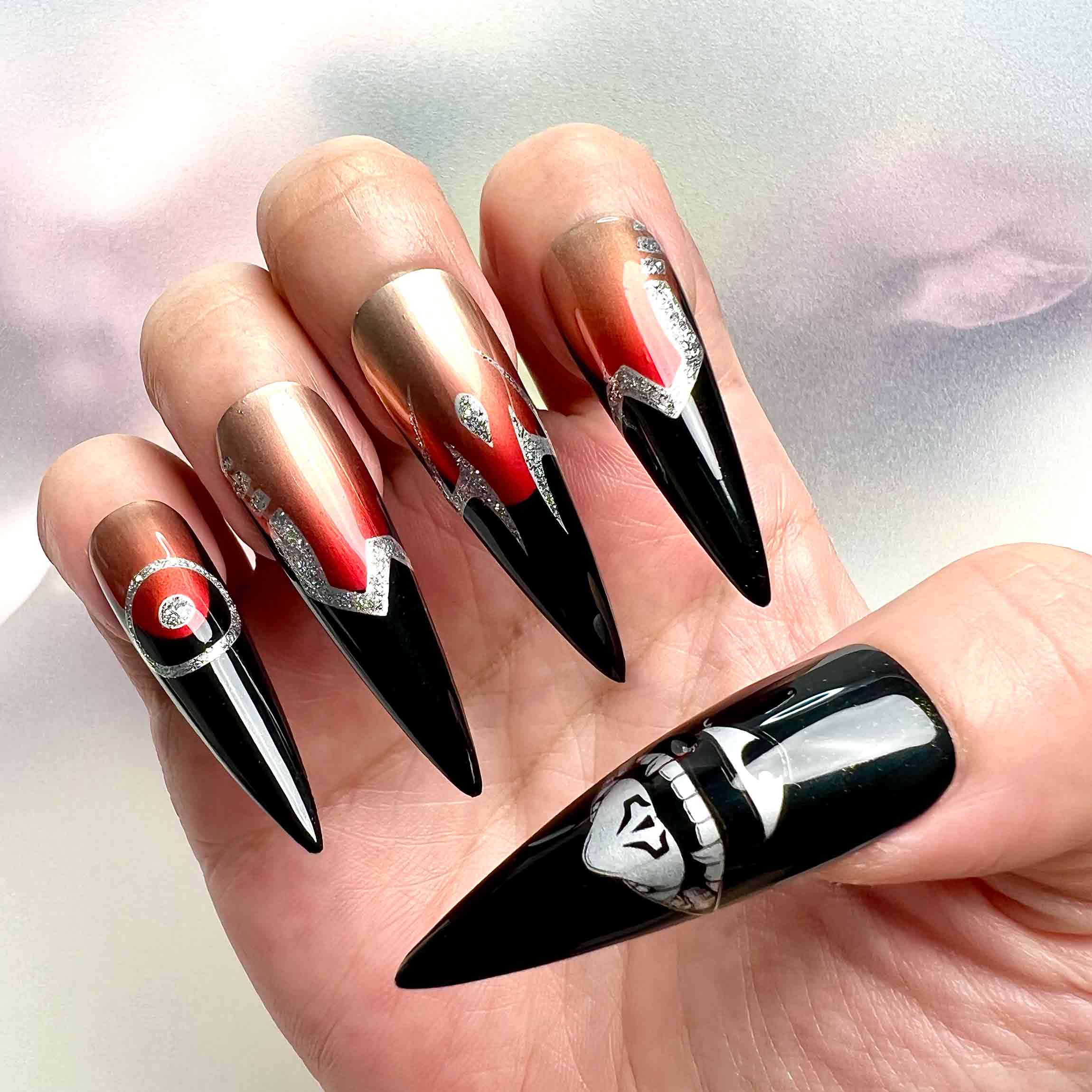 Sukuna's Domain Nails – Jujutsu Kaisen JJK Press-On Set, Malevolent Shrine Red &amp; Black Chrome Design | Dragonnail