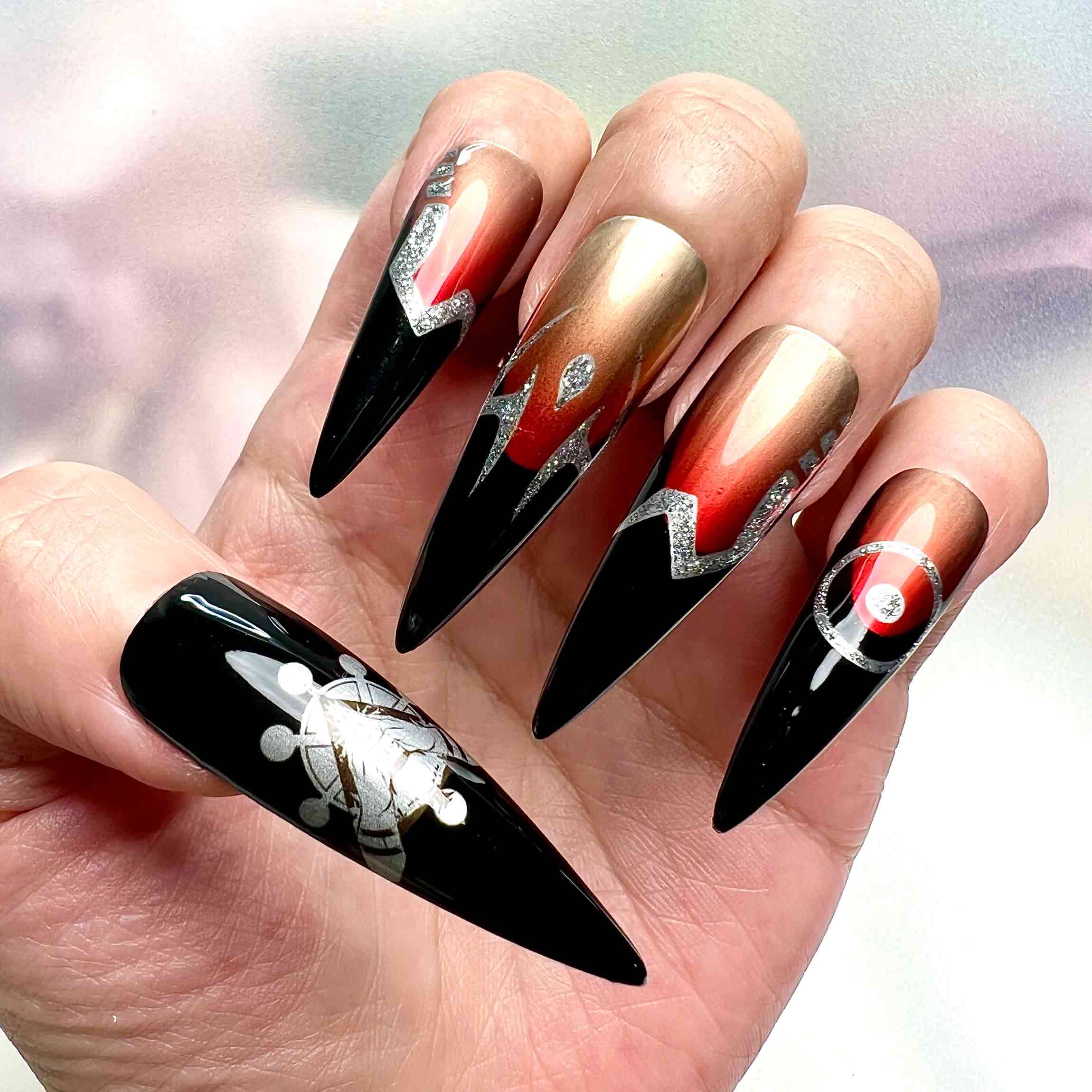 Sukuna's Domain Nails – Jujutsu Kaisen JJK Press-On Set, Malevolent Shrine Red &amp; Black Chrome Design | Dragonnail