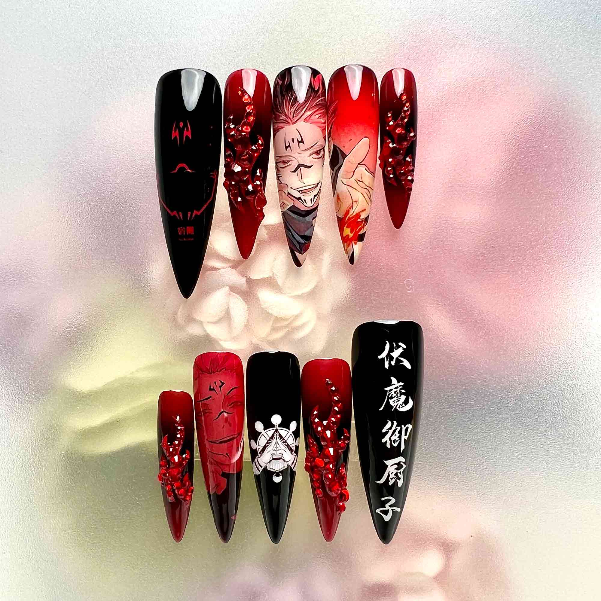 Ryomen Sukuna Nails – Jujutsu Kaisen Press-On Nail Set, King of Curses Crimson Edition | Dragonnail