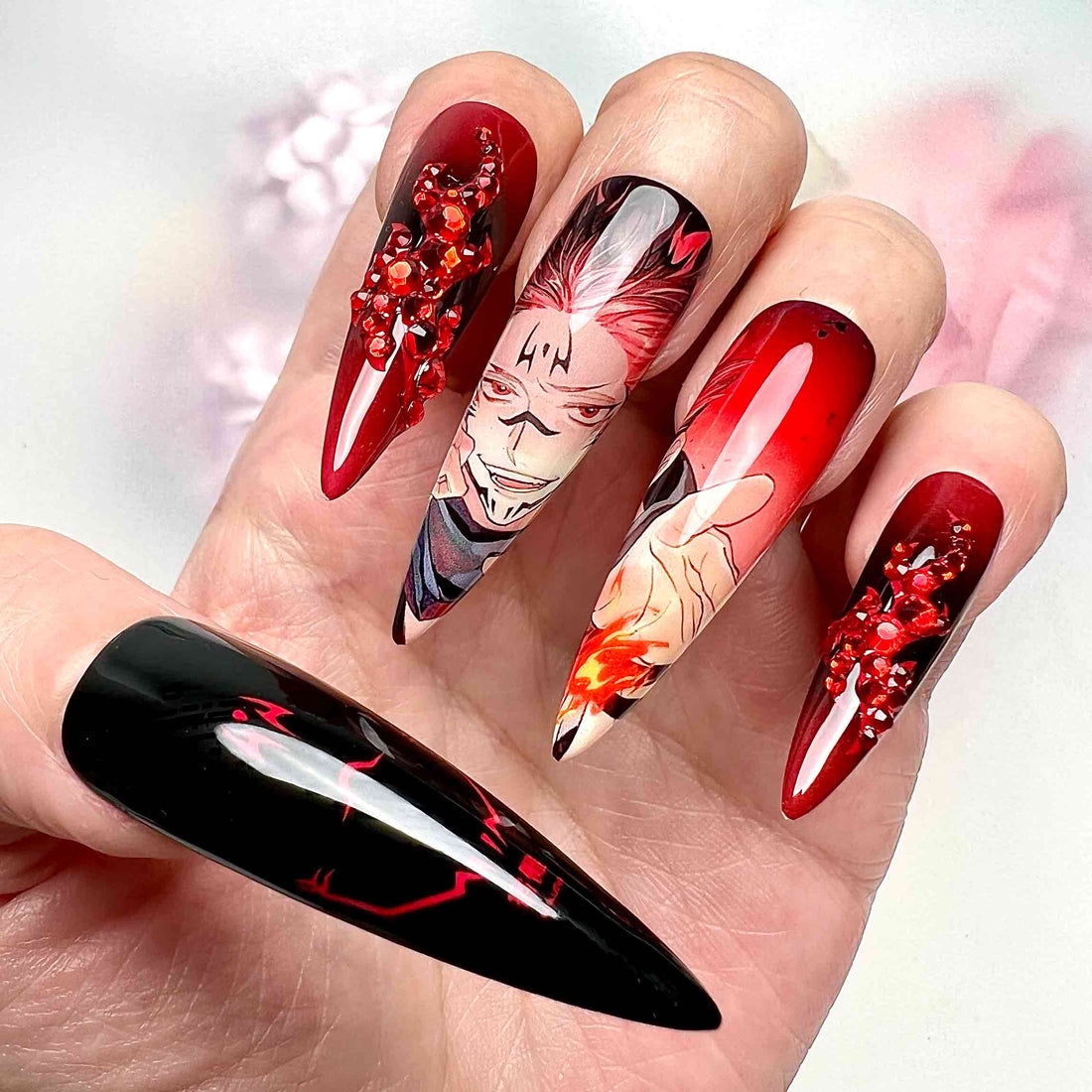 Ryomen Sukuna Nails – Jujutsu Kaisen Press-On Nail Set, King of Curses Crimson Edition | Dragonnail