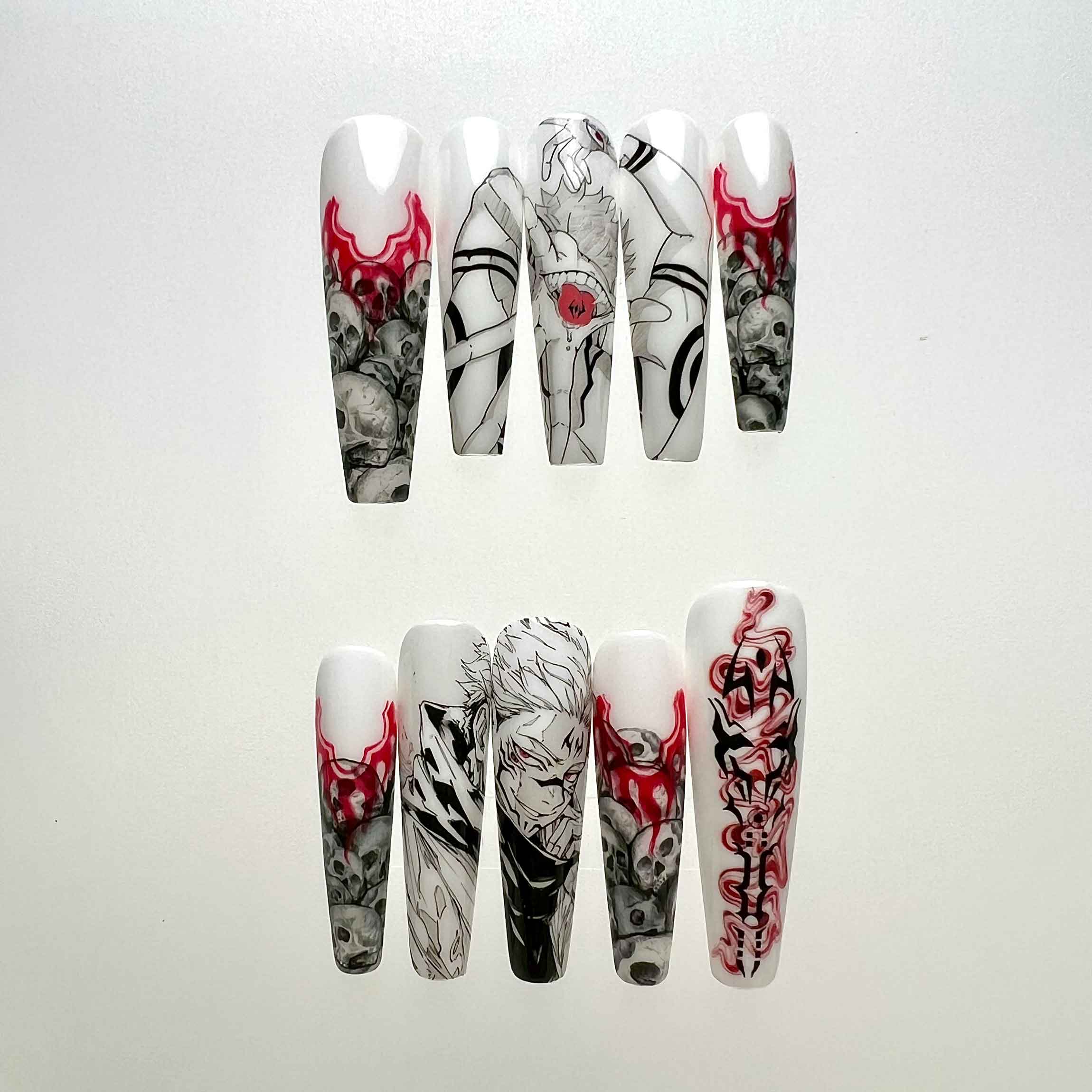 Ryomen Sukuna Nails – Jujutsu Kaisen JJK Press-On Set, Malevolent Shrine Skull &amp; Red Cursed Energy Design | Dragonnail