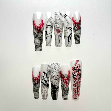 Ryomen Sukuna Nails – Jujutsu Kaisen JJK Press-On Set, Malevolent Shrine Skull &amp; Red Cursed Energy Design | Dragonnail