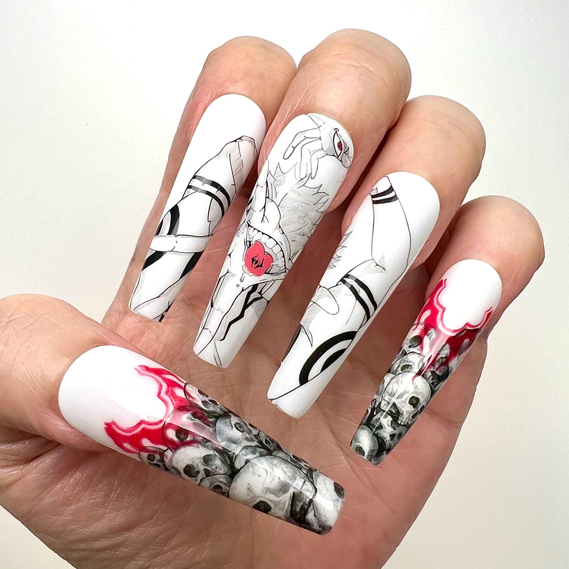 Ryomen Sukuna Nails – Jujutsu Kaisen JJK Press-On Set, Malevolent Shrine Skull &amp; Red Cursed Energy Design | Dragonnail