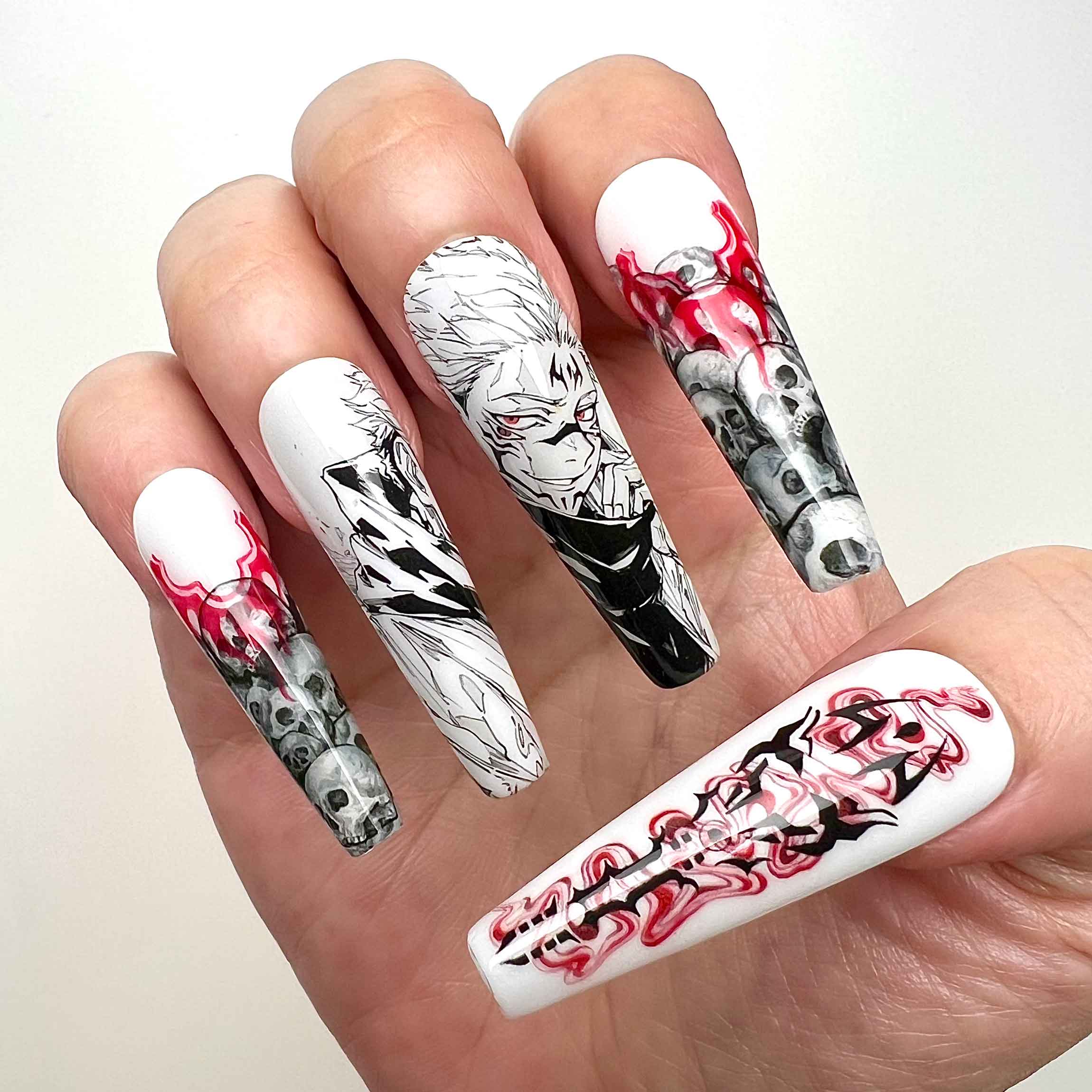Ryomen Sukuna Nails – Jujutsu Kaisen JJK Press-On Set, Malevolent Shrine Skull &amp; Red Cursed Energy Design | Dragonnail