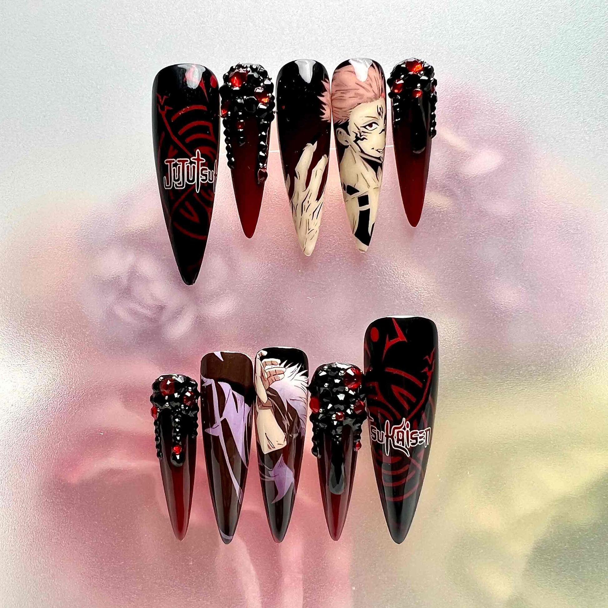 Ryomen Sukuna Nails – Jujutsu Kaisen JJK Press-On Set, 3D Red Crystal &amp; Gothic Cursed Mark Design | Dragonnail