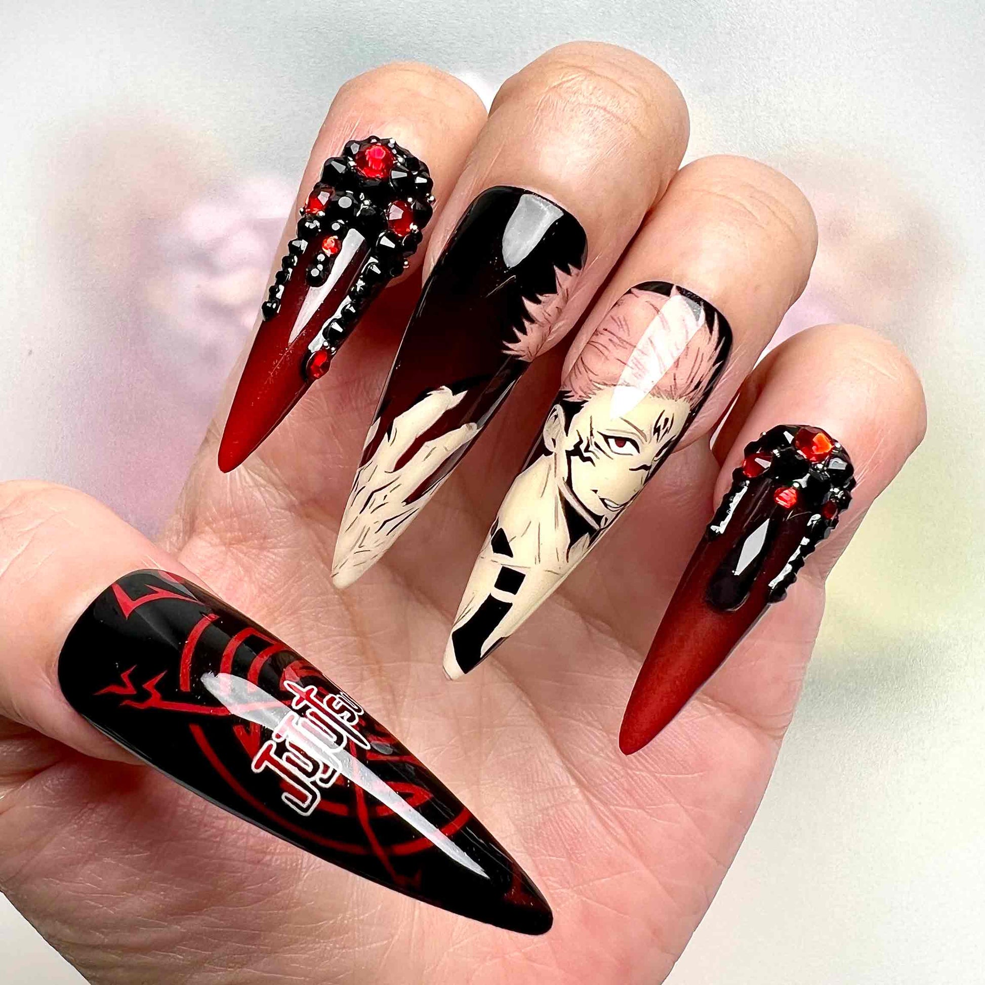 Ryomen Sukuna Nails – Jujutsu Kaisen JJK Press-On Set, 3D Red Crystal &amp; Gothic Cursed Mark Design | Dragonnail