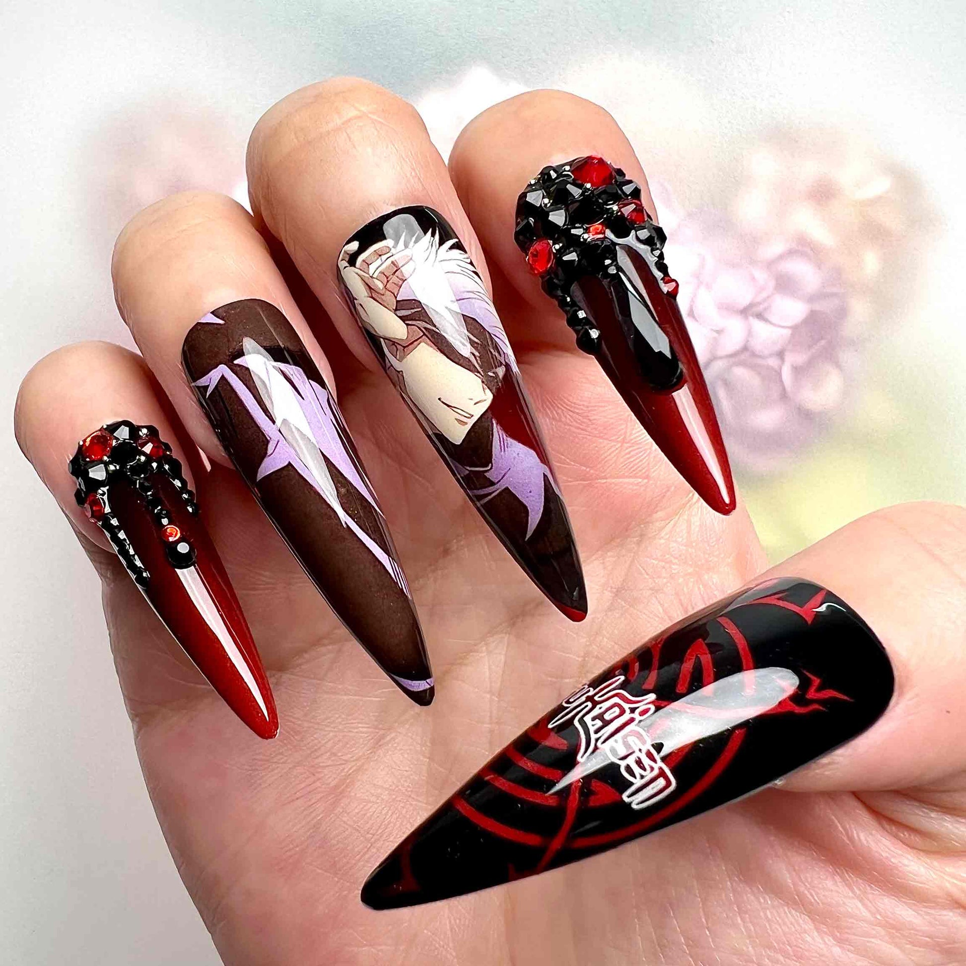 Ryomen Sukuna Nails – Jujutsu Kaisen JJK Press-On Set, 3D Red Crystal &amp; Gothic Cursed Mark Design | Dragonnail