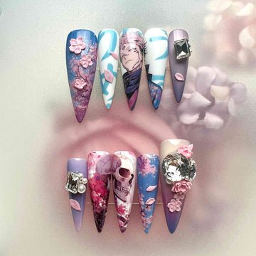 Ryomen Sukuna Nails – Jujutsu Kaisen JJK Press-On Set, 3D Sakura, Skull &amp; Gem Anime Design | Dragonnail