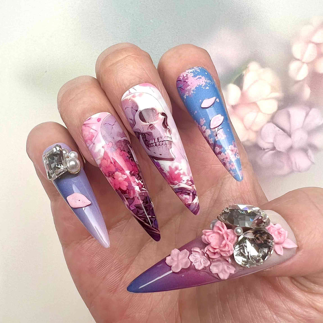 Ryomen Sukuna Nails – Jujutsu Kaisen JJK Press-On Set, 3D Sakura, Skull &amp; Gem Anime Design | Dragonnail