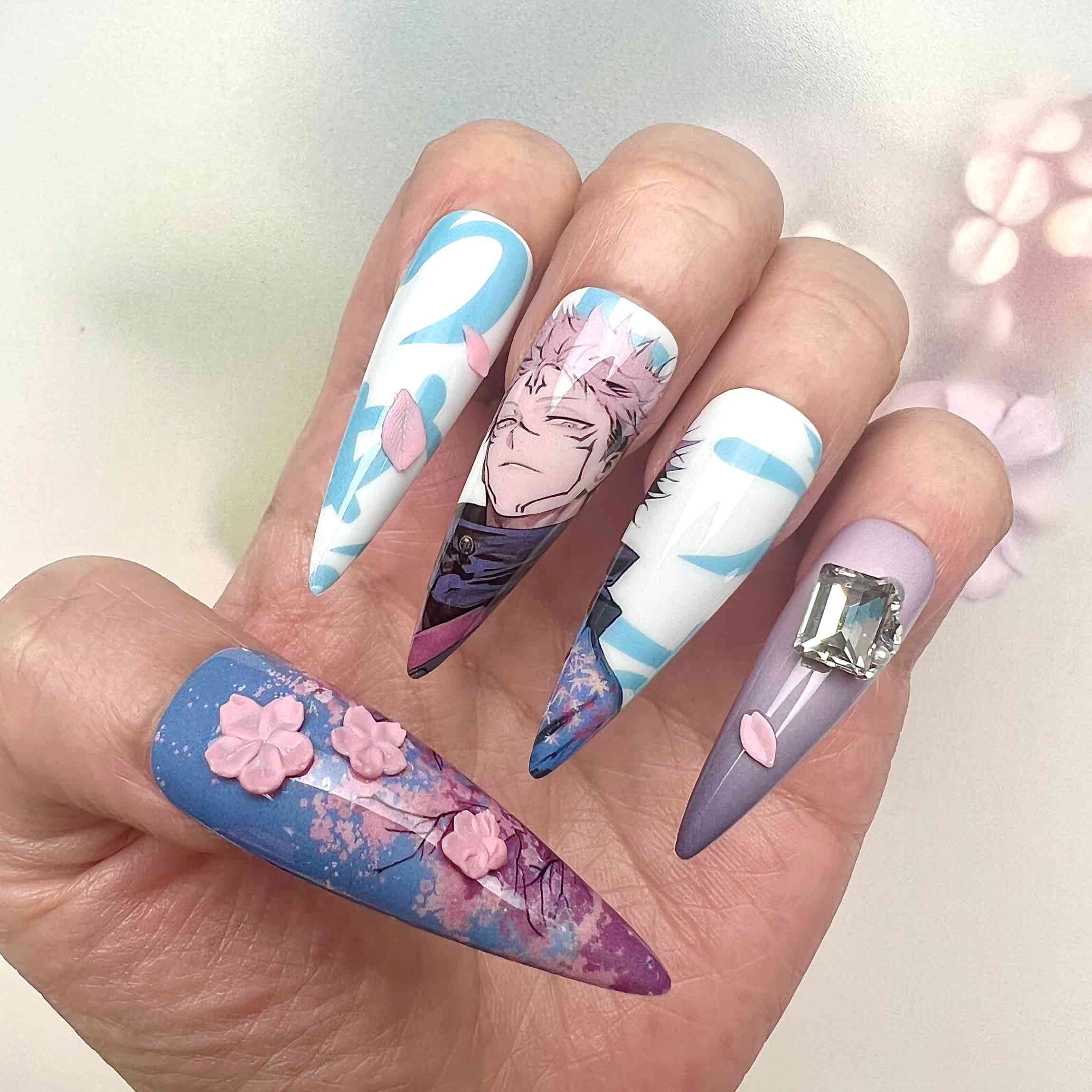 Ryomen Sukuna Nails – Jujutsu Kaisen JJK Press-On Set, 3D Sakura, Skull &amp; Gem Anime Design | Dragonnail
