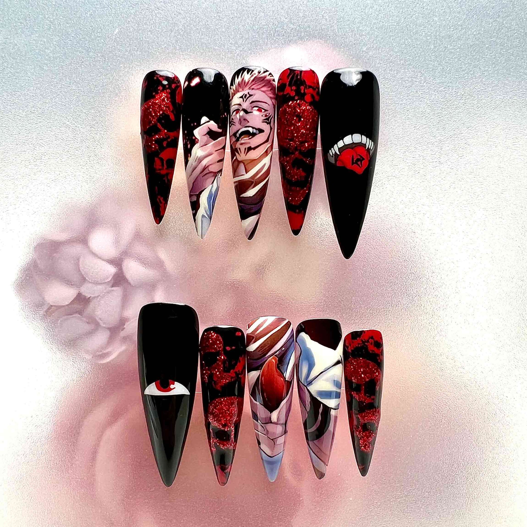 Jujutsu Kaisen Sukuna King of Curses Press-On Nails | Gothic Horror Red &amp; Black Anime Set | Bloody Glitter &amp; Cursed Eye Art | Dragonnail