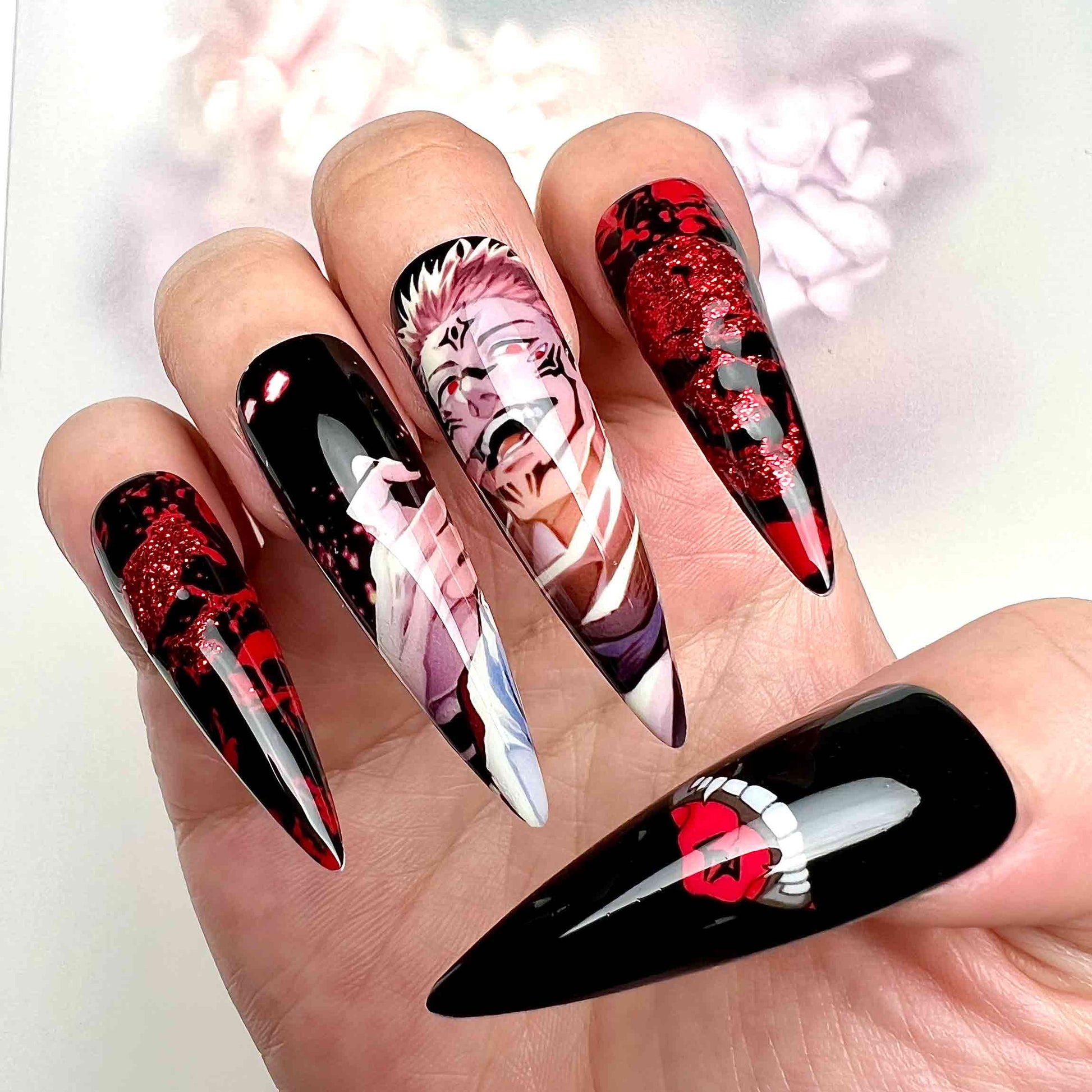 Jujutsu Kaisen Sukuna King of Curses Press-On Nails | Gothic Horror Red &amp; Black Anime Set | Bloody Glitter &amp; Cursed Eye Art | Dragonnail