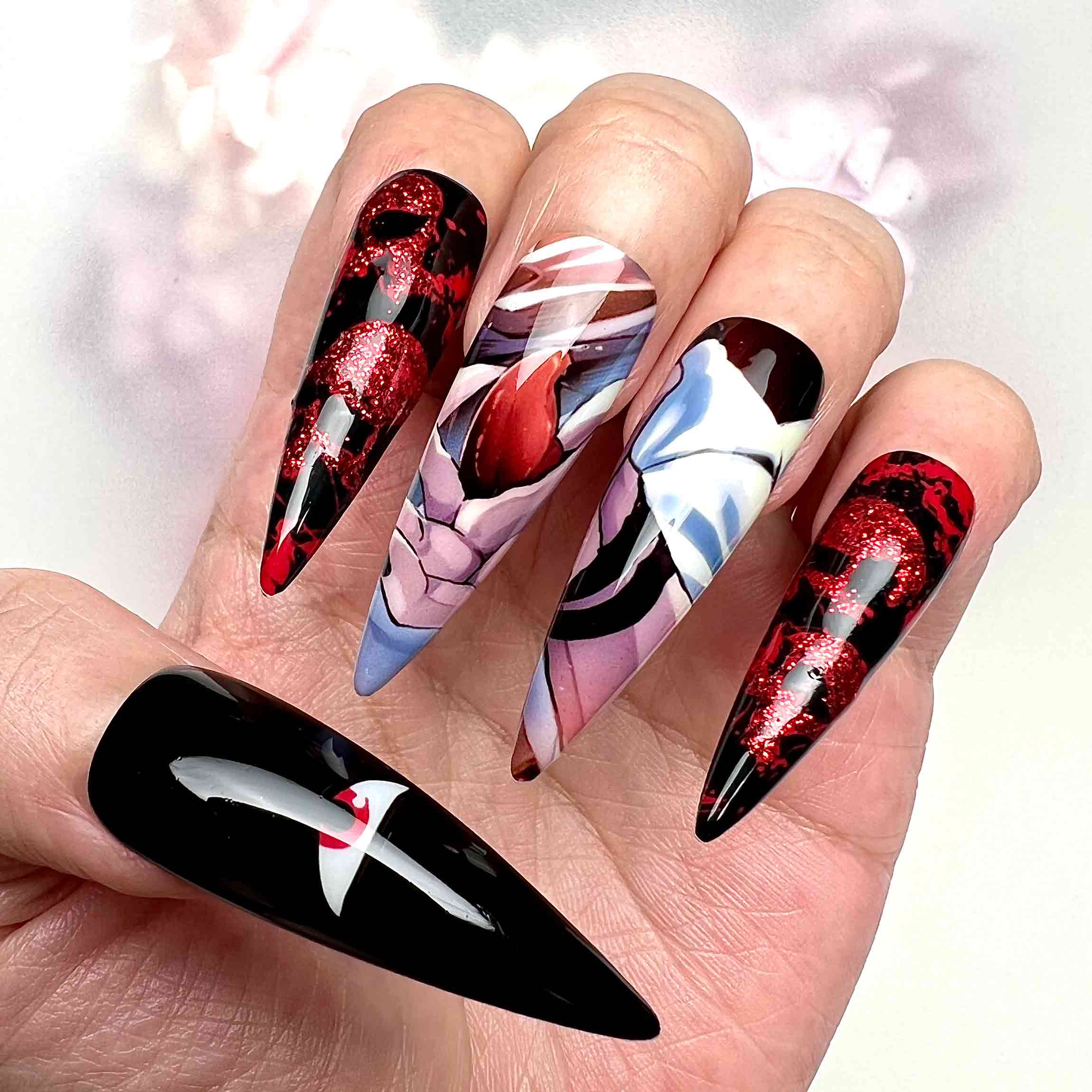 Jujutsu Kaisen Sukuna King of Curses Press-On Nails | Gothic Horror Red &amp; Black Anime Set | Bloody Glitter &amp; Cursed Eye Art | Dragonnail
