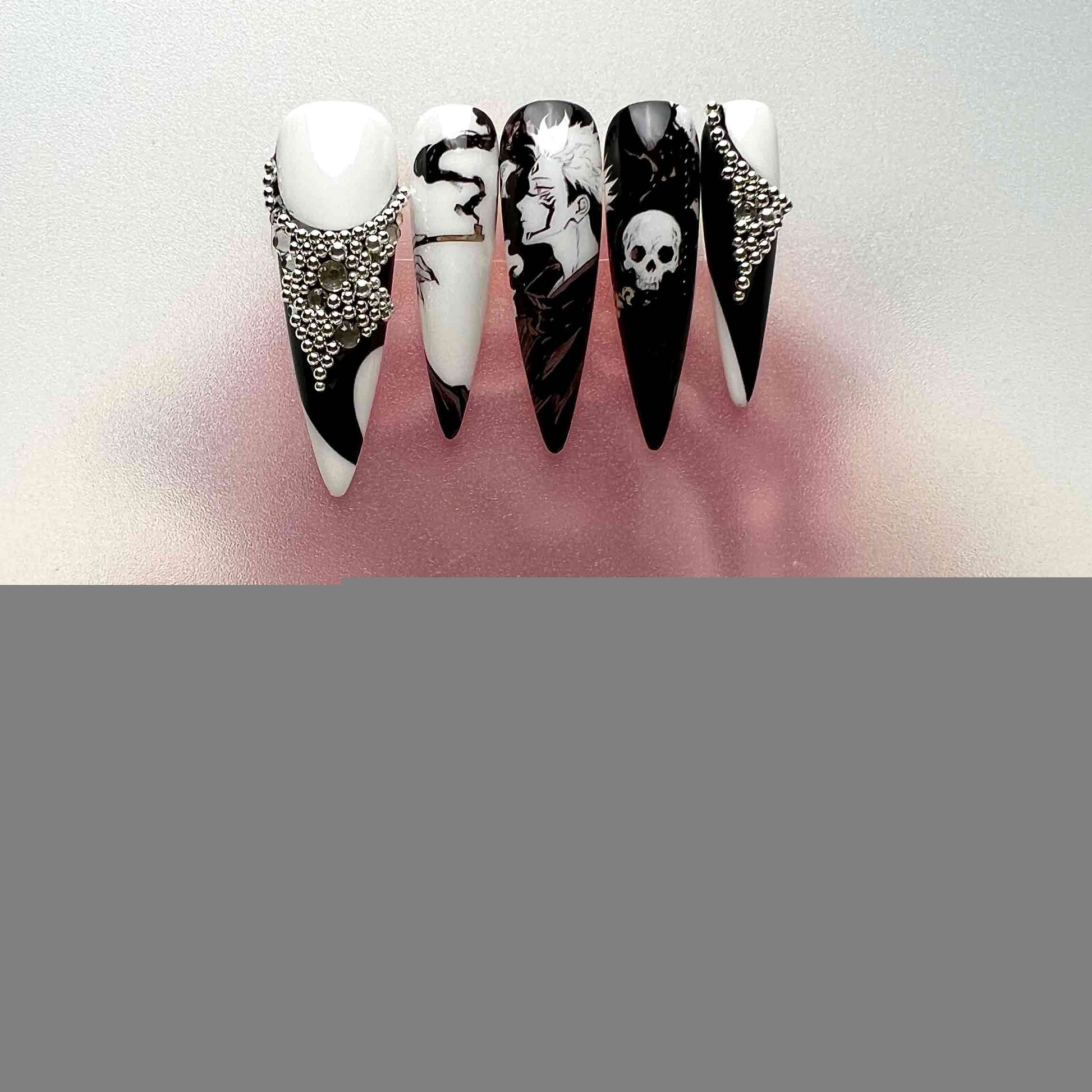 Gothic Skull Nails – Black &amp; White Press-On Set, 3D Silver Micro-Bead &amp; Skeleton Art Design | Dragonnail
