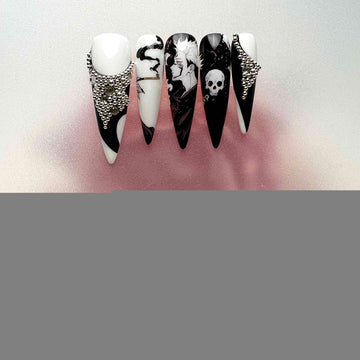 Gothic Skull Nails – Black &amp; White Press-On Set, 3D Silver Micro-Bead &amp; Skeleton Art Design | Dragonnail