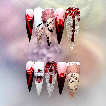 Ryomen Sukuna Nails – Jujutsu Kaisen JJK Press-On Set, 3D Red Crystal &amp; Cursed Mouth Glam Design | Dragonnail