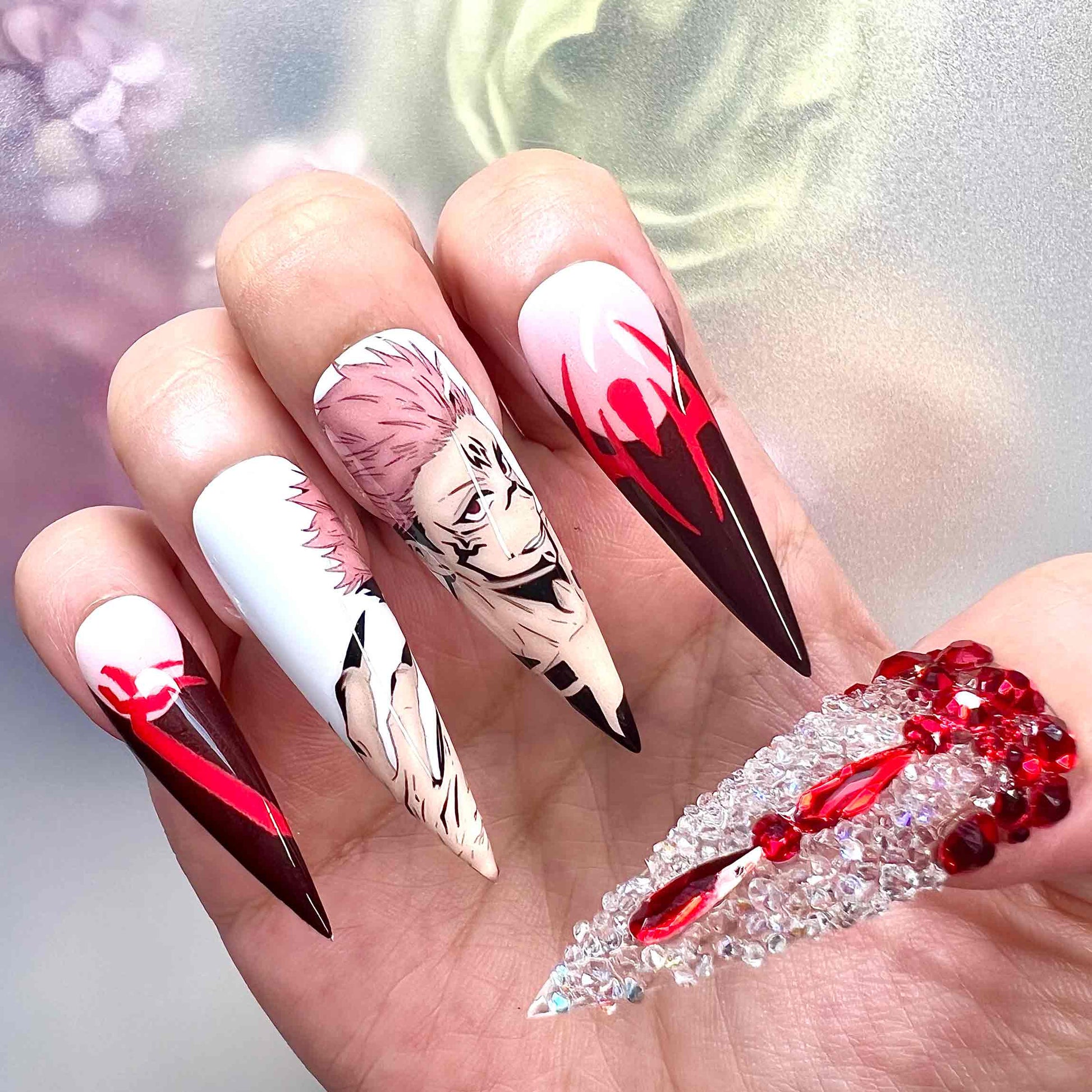 Ryomen Sukuna Nails – Jujutsu Kaisen JJK Press-On Set, 3D Red Crystal &amp; Cursed Mouth Glam Design | Dragonnail