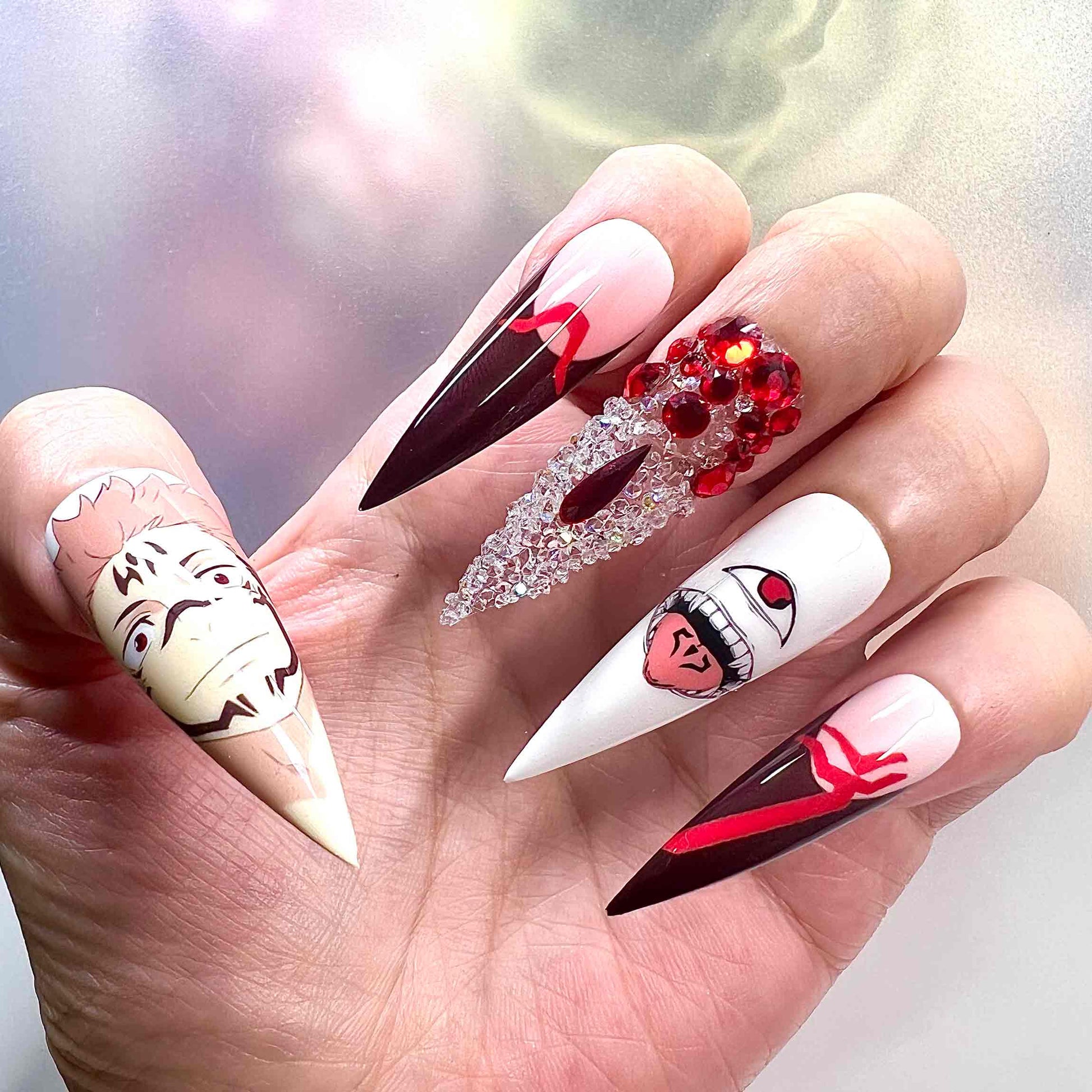 Ryomen Sukuna Nails – Jujutsu Kaisen JJK Press-On Set, 3D Red Crystal &amp; Cursed Mouth Glam Design | Dragonnail
