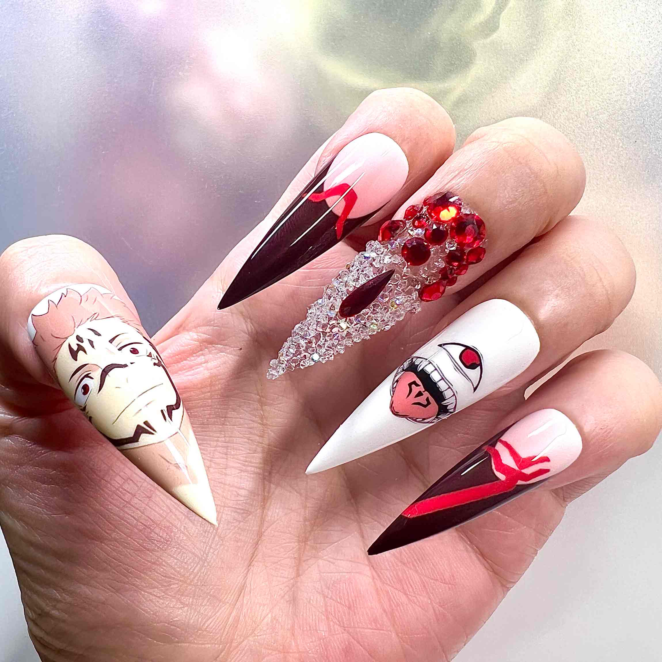 Ryomen Sukuna Nails – Jujutsu Kaisen JJK Press-On Set, 3D Red Crystal &amp; Cursed Mouth Glam Design | Dragonnail