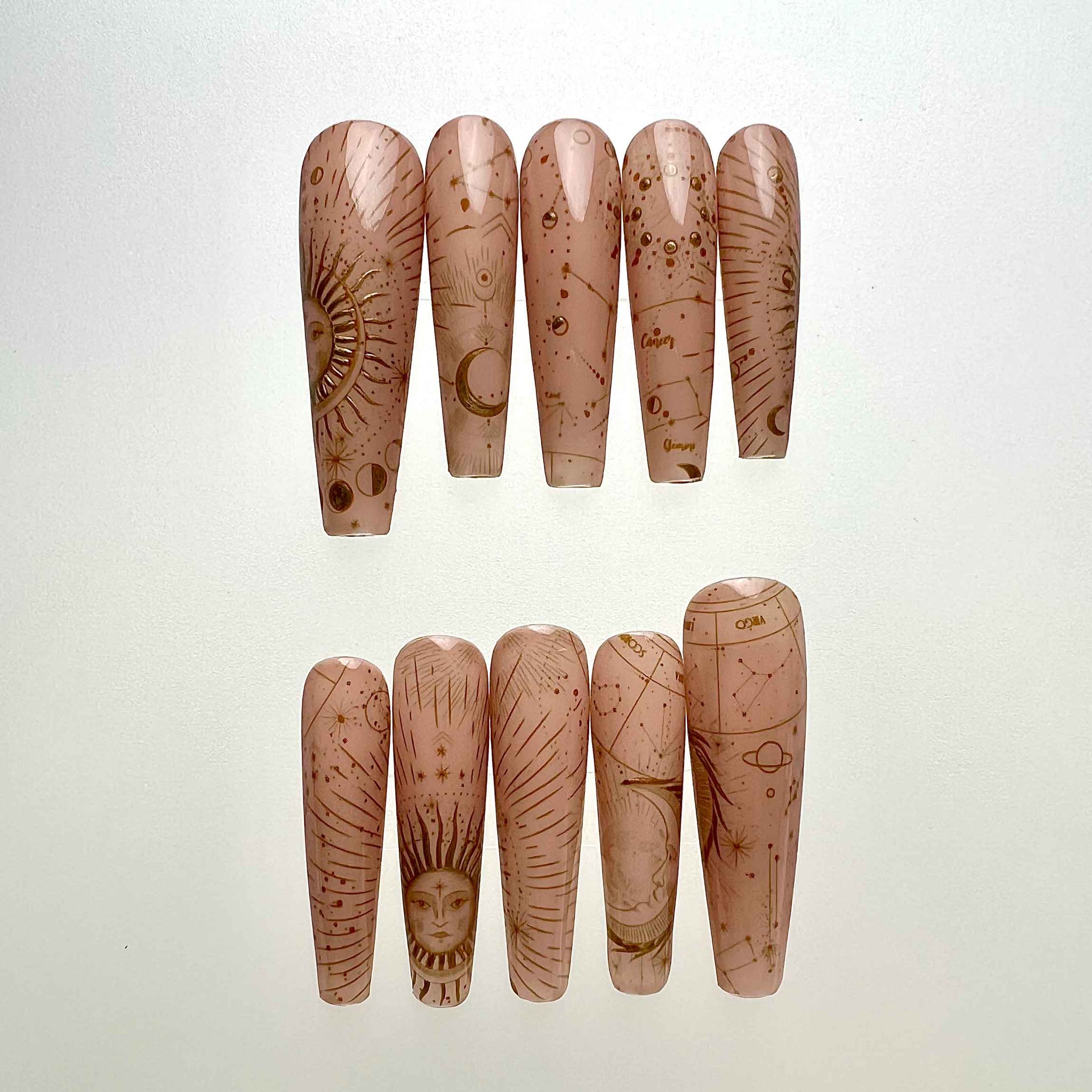 Zodiac Celestial Nails – Nude Press-On Set, Gold Sun, Moon &amp; Astrology Constellation Design | Dragonnail
