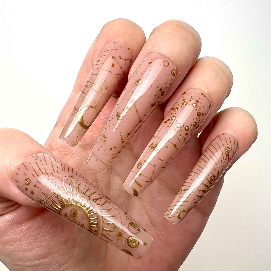 Zodiac Celestial Nails – Nude Press-On Set, Gold Sun, Moon &amp; Astrology Constellation Design | Dragonnail