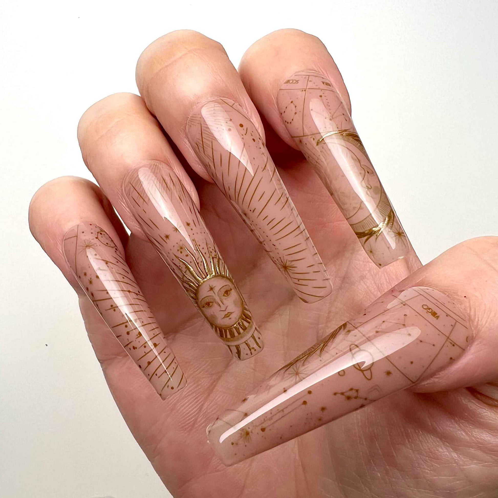 Zodiac Celestial Nails – Nude Press-On Set, Gold Sun, Moon &amp; Astrology Constellation Design | Dragonnail