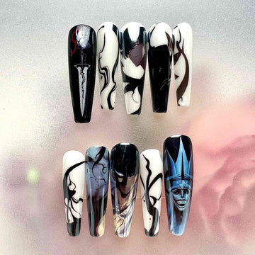 Solo Leveling Nails – Sung Jinwoo &amp; Shadow Monarch Press-On Set, Black &amp; White Gothic Anime Design | Dragonnail