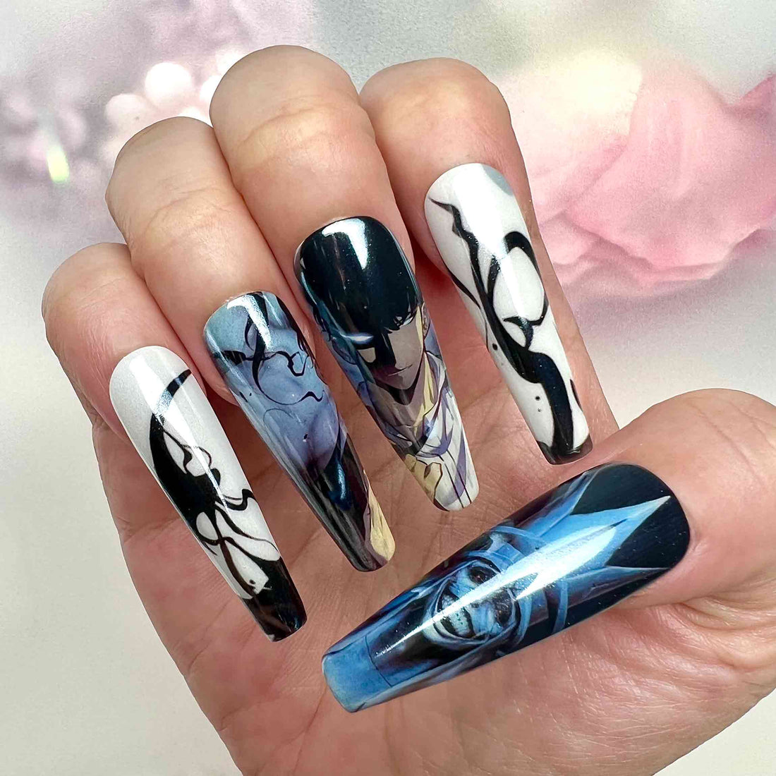 Solo Leveling Nails – Sung Jinwoo &amp; Shadow Monarch Press-On Set, Black &amp; White Gothic Anime Design | Dragonnail
