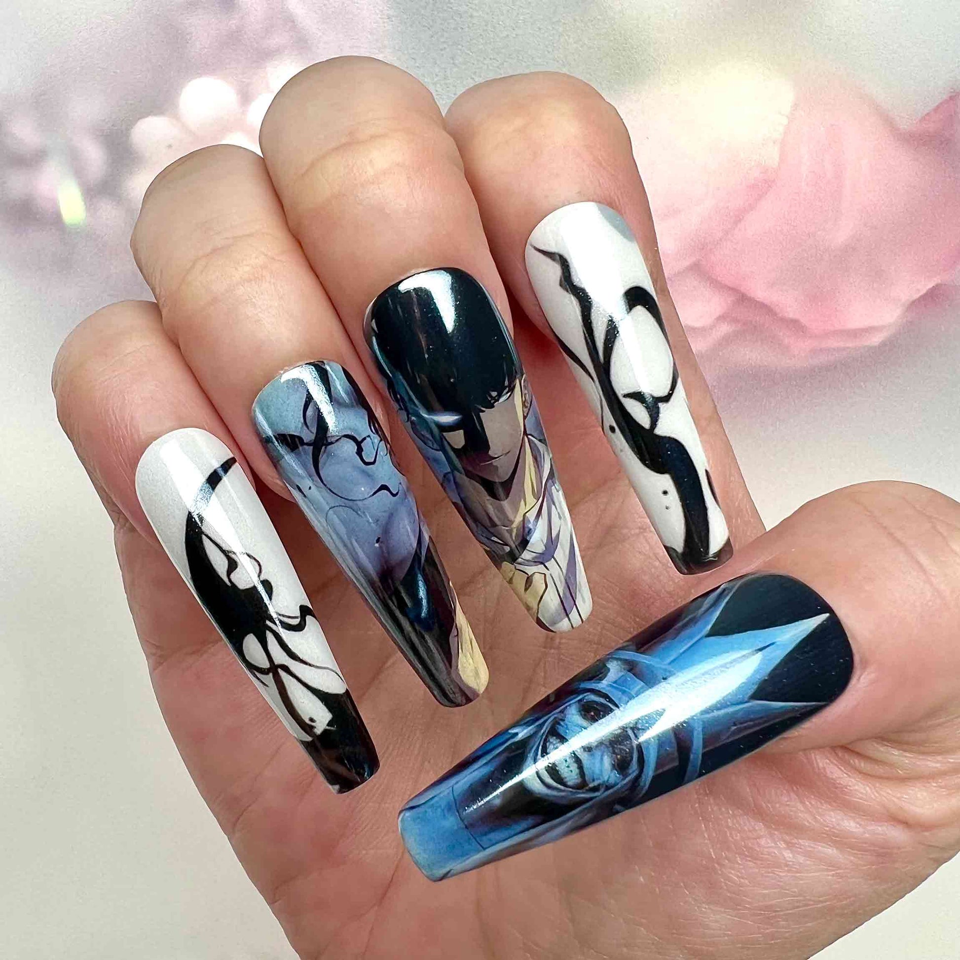 Solo Leveling Nails – Sung Jinwoo &amp; Shadow Monarch Press-On Set, Black &amp; White Gothic Anime Design | Dragonnail