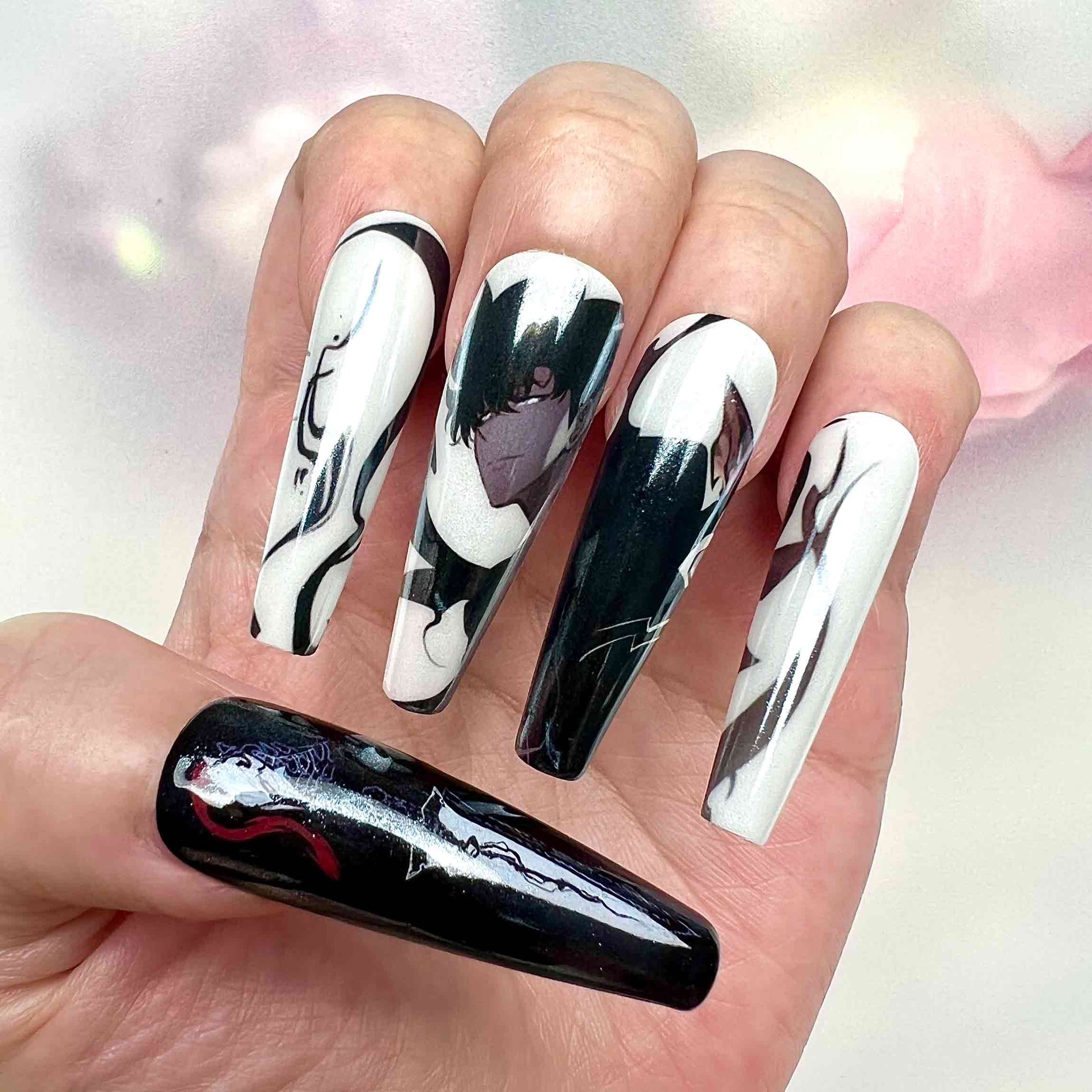 Solo Leveling Nails – Sung Jinwoo &amp; Shadow Monarch Press-On Set, Black &amp; White Gothic Anime Design | Dragonnail