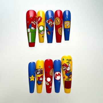 Super Mario Bros. Nails – Mario &amp; Luigi Press-On Set, 1-Up Mushroom &amp; Star Power Gaming Design | Dragonnail
