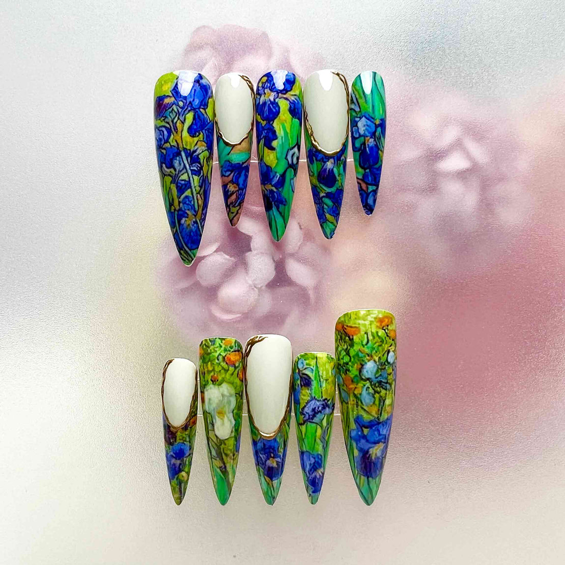 Van Gogh Irises Nails – Famous Art Press-On Set, Blue Floral Painting &amp; Gold Cuff Design | Dragonnail