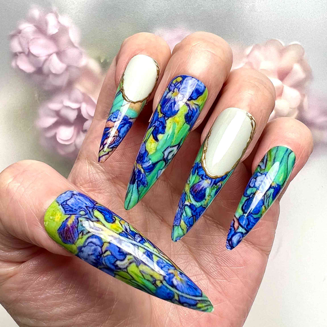 Van Gogh Irises Nails – Famous Art Press-On Set, Blue Floral Painting &amp; Gold Cuff Design | Dragonnail