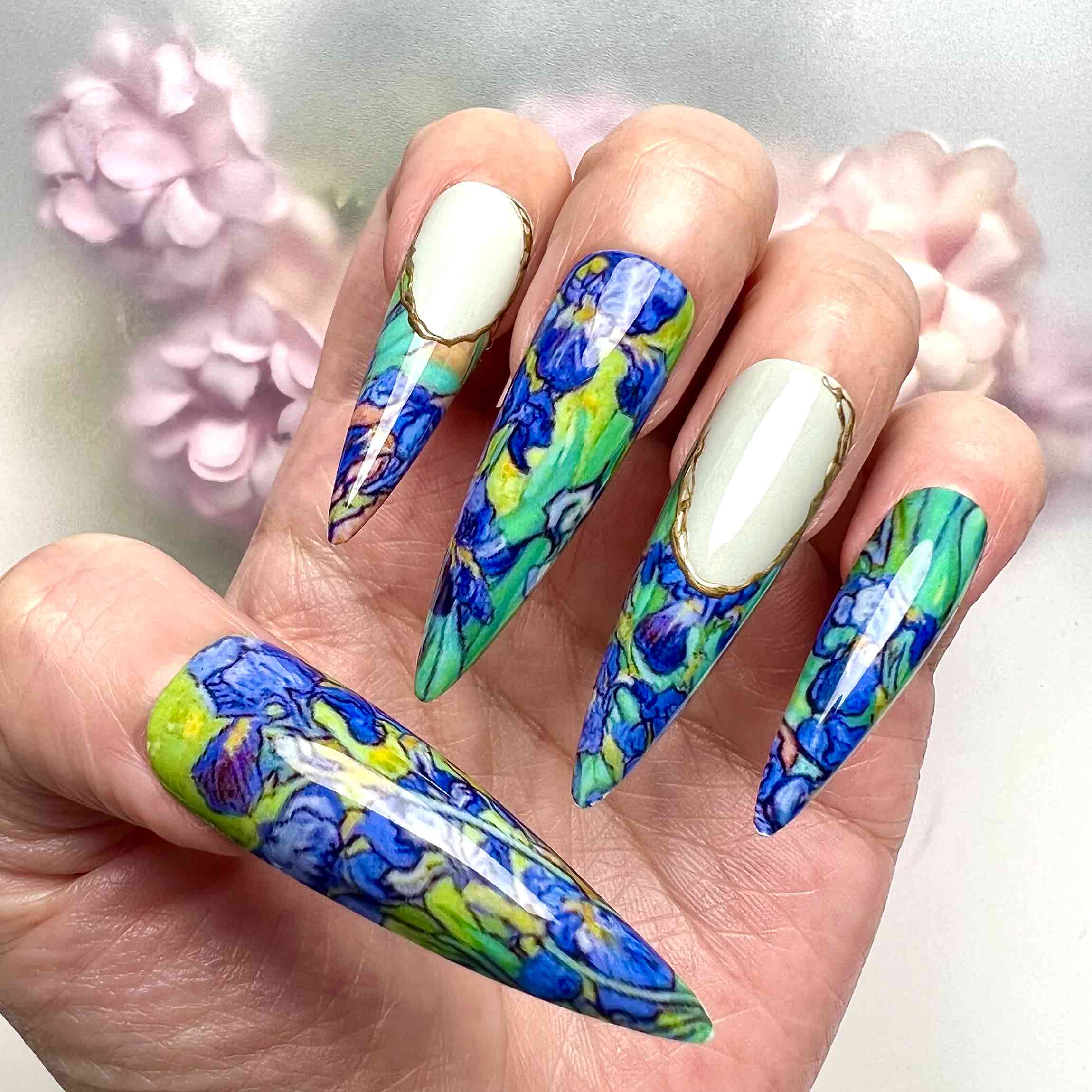 Van Gogh Irises Nails – Famous Art Press-On Set, Blue Floral Painting &amp; Gold Cuff Design | Dragonnail