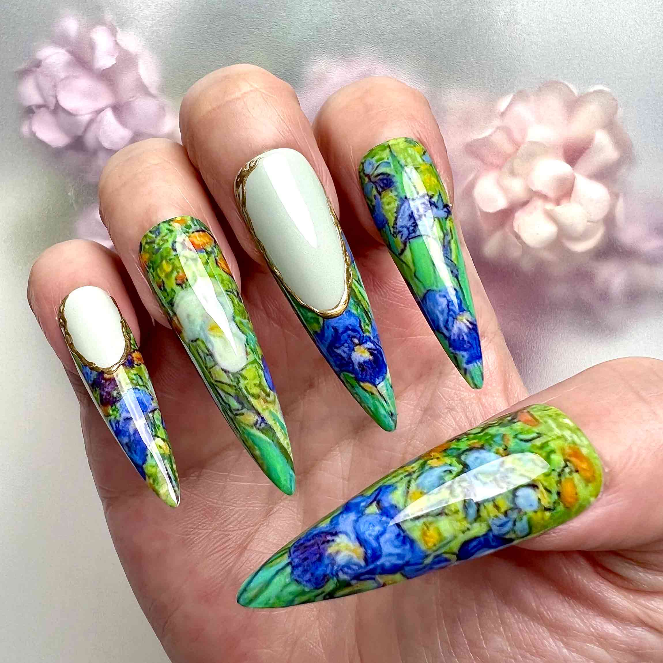 Van Gogh Irises Nails – Famous Art Press-On Set, Blue Floral Painting &amp; Gold Cuff Design | Dragonnail