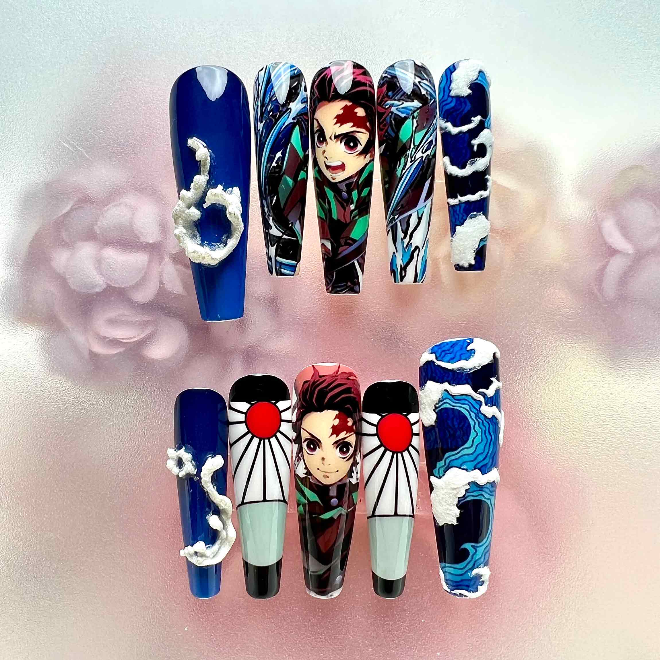 Tanjiro Kamado Nails – Demon Slayer KNY Press-On Set, 3D Dragon &amp; Water Breathing Anime Design | Dragonnail