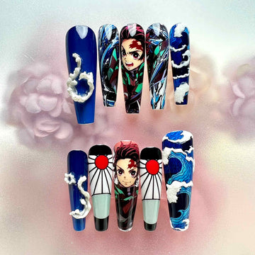 Tanjiro Kamado Nails – Demon Slayer KNY Press-On Set, 3D Dragon &amp; Water Breathing Anime Design | Dragonnail