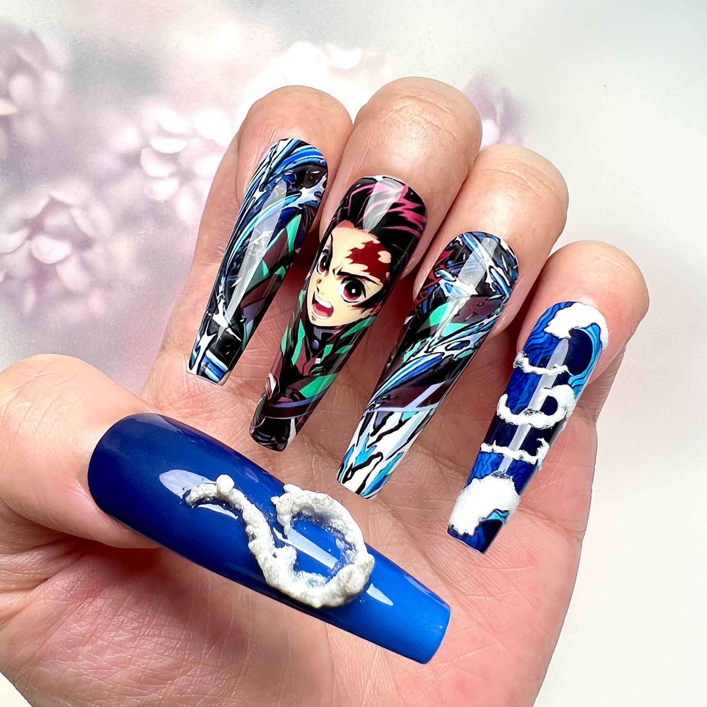 Tanjiro Kamado Nails – Demon Slayer KNY Press-On Set, 3D Dragon &amp; Water Breathing Anime Design | Dragonnail