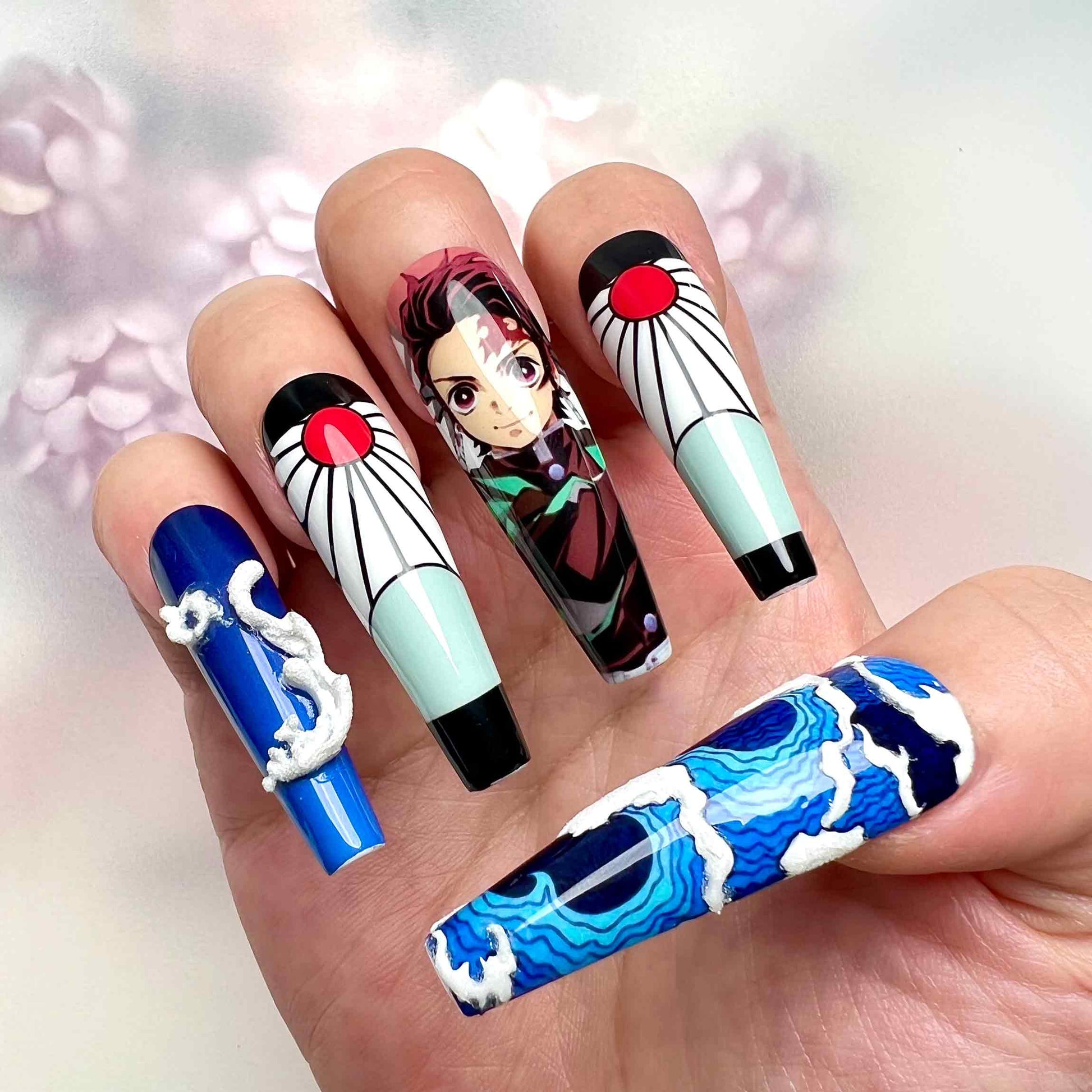 Tanjiro Kamado Nails – Demon Slayer KNY Press-On Set, 3D Dragon &amp; Water Breathing Anime Design | Dragonnail
