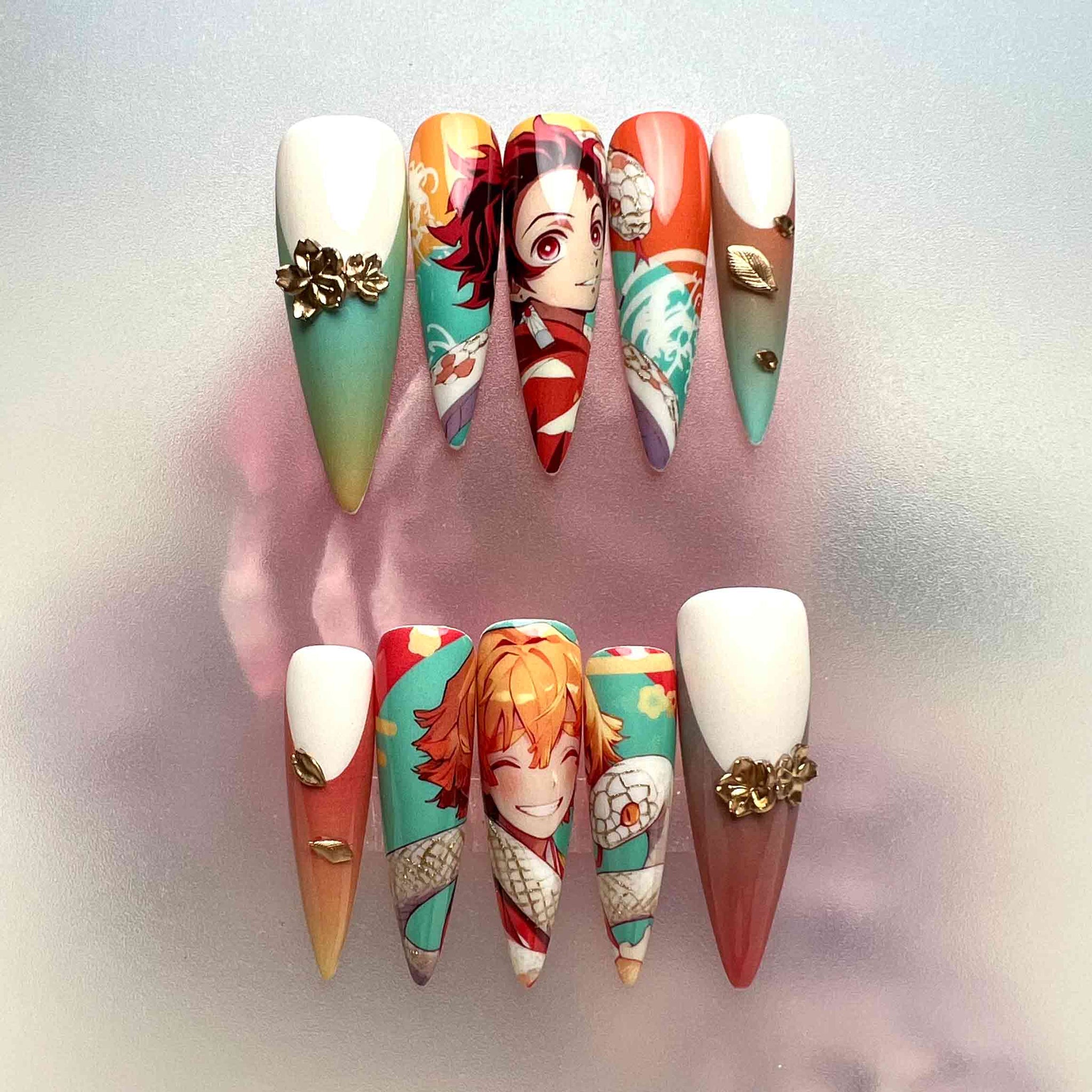 Tanjiro &amp; Senjuro Nails – Demon Slayer KNY Press-On Set, 3D Gold Flower &amp; Snake Design | Dragonnail