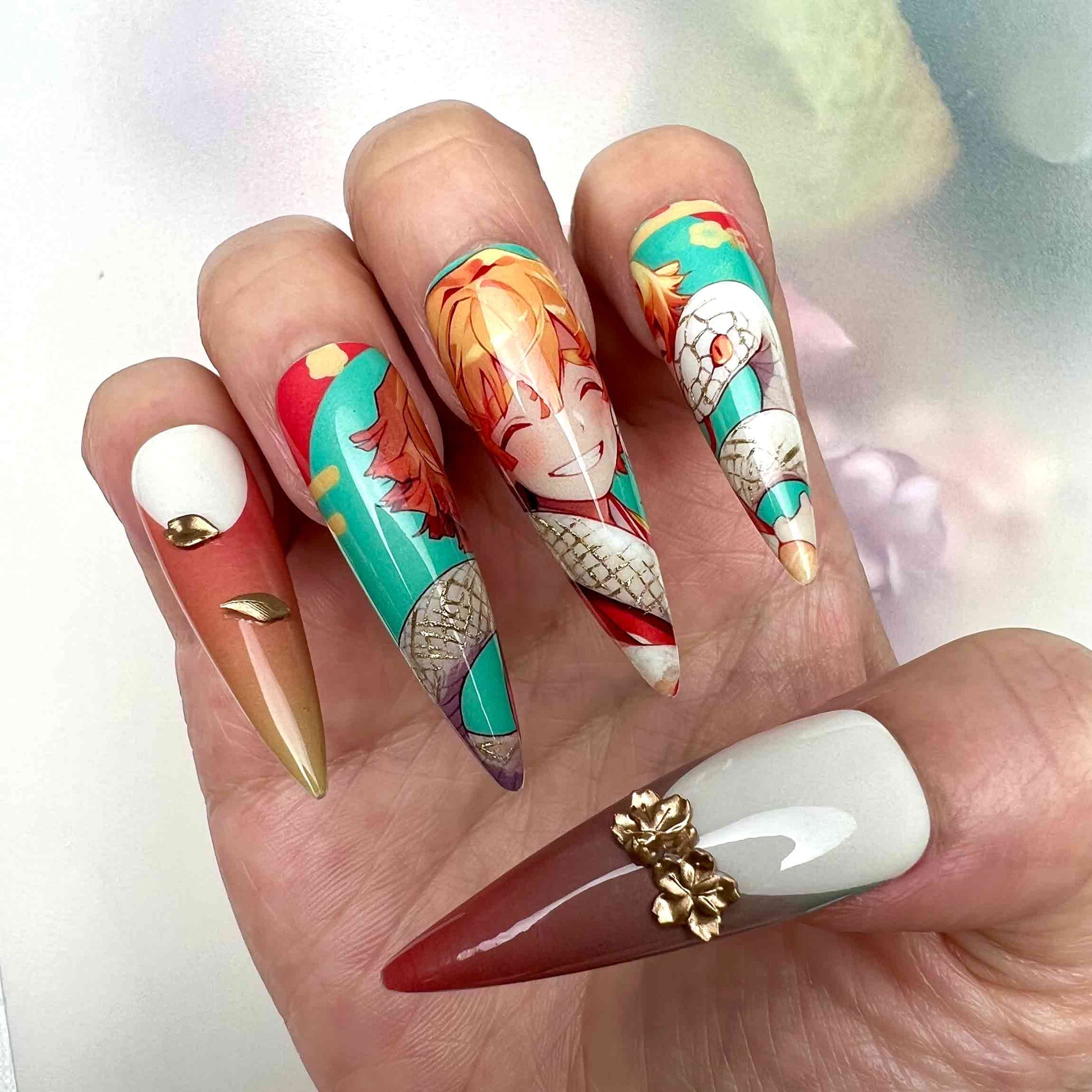 Tanjiro &amp; Senjuro Nails – Demon Slayer KNY Press-On Set, 3D Gold Flower &amp; Snake Design | Dragonnail