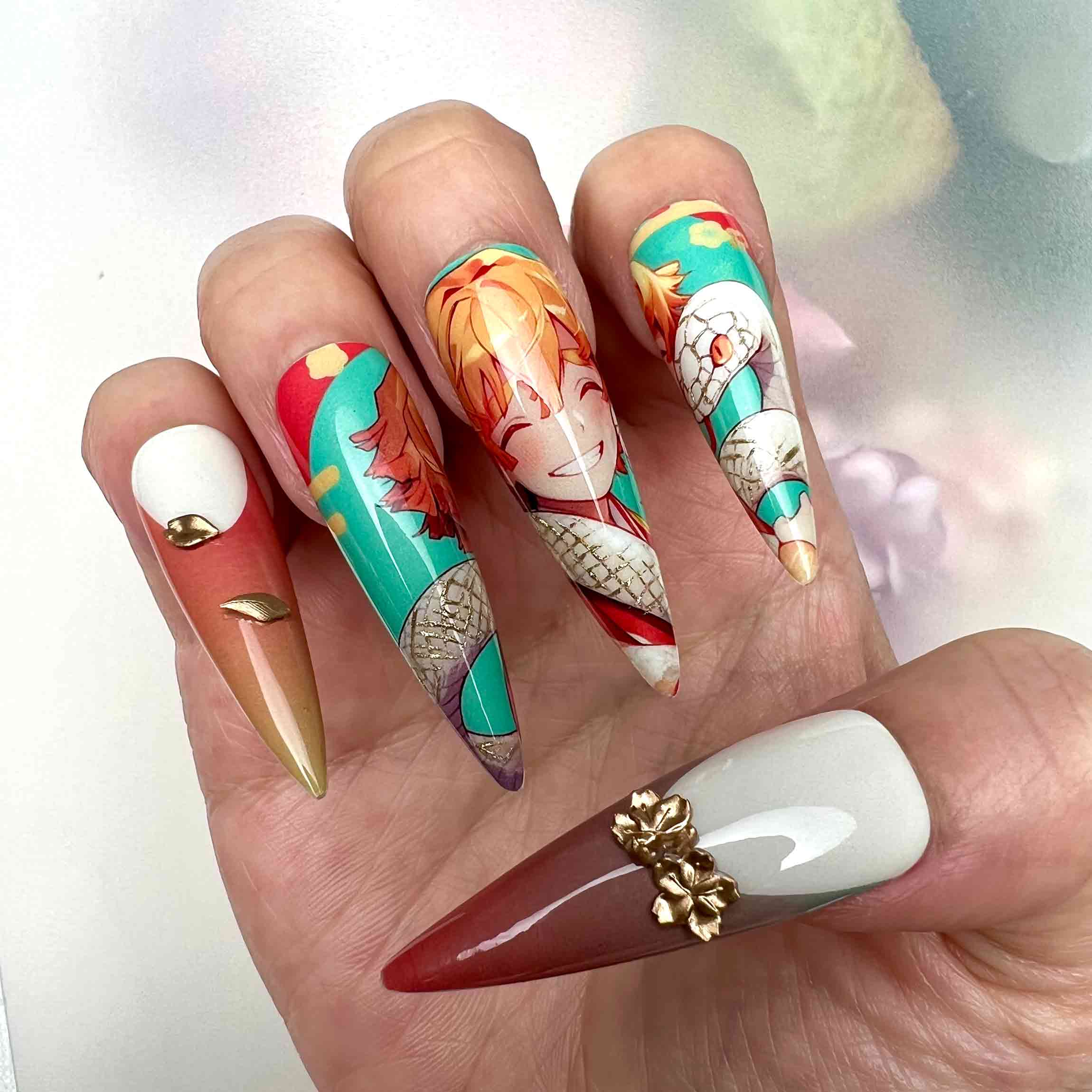 Tanjiro &amp; Senjuro Nails – Demon Slayer KNY Press-On Set, 3D Gold Flower &amp; Snake Design | Dragonnail
